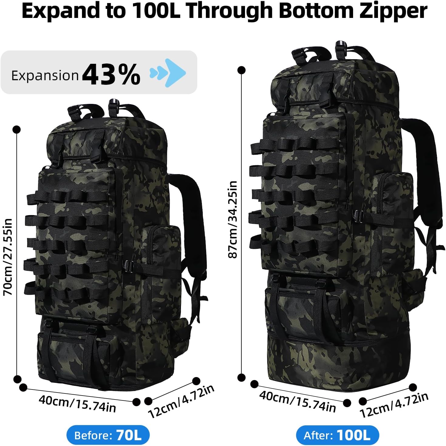 70L/100L Camping Hiking Backpack with Rain Cover, Expandable Large Military Tactical Backpack, Waterproof Molle Racksack Travel Backpacking Daypack for Climbing Trekking (Black CP) - Image 2