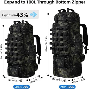 70L/100L Hiking Backpack, Large Camping Backpack with Rain Cover, Waterptoof Military Tactical Backpack
