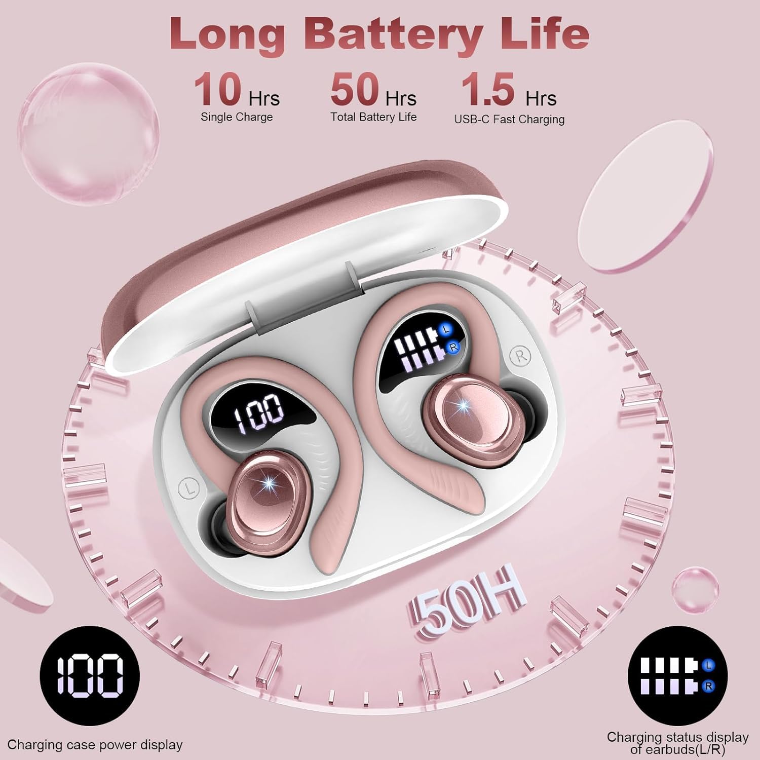 Auriculares Inalámbricos Bluetooth Deportivos, 60H Auriculares Bluetooth 5.4 con HiFi Estéreo, 4 ENC Mics, 2026 Cascos Inalambricos con Cancelación RuidoI/IP7/USB-C Auriculares para Correr Oro Rosa