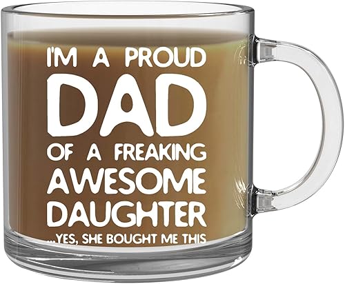 Taza de café de cristal transparente con texto Proud Dad Of A Freaking Awesome Daughter de 13 oz Mejor Día del Padre Gag Regalos para papá de hija