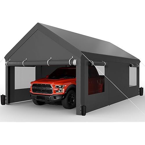 JAMFLY Carport, 12x20 ft Heavy Duty Carport with Roll-up Windows, Portable Garage with Removable Sidewalls & Doors, Car Canopy with Sandbags and All-Season Tarp for Car Boat Truck Motorcycle, Grey