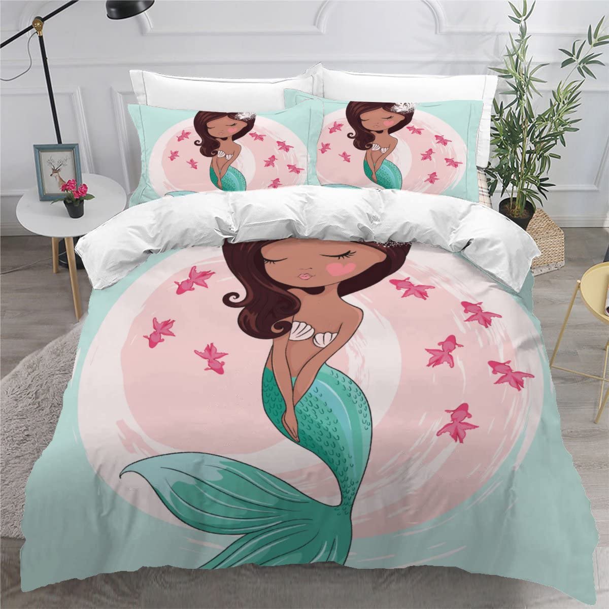 Housse de couette sirène 220x240 rose pastel 3D lit double microfine avec deux taies 50x75