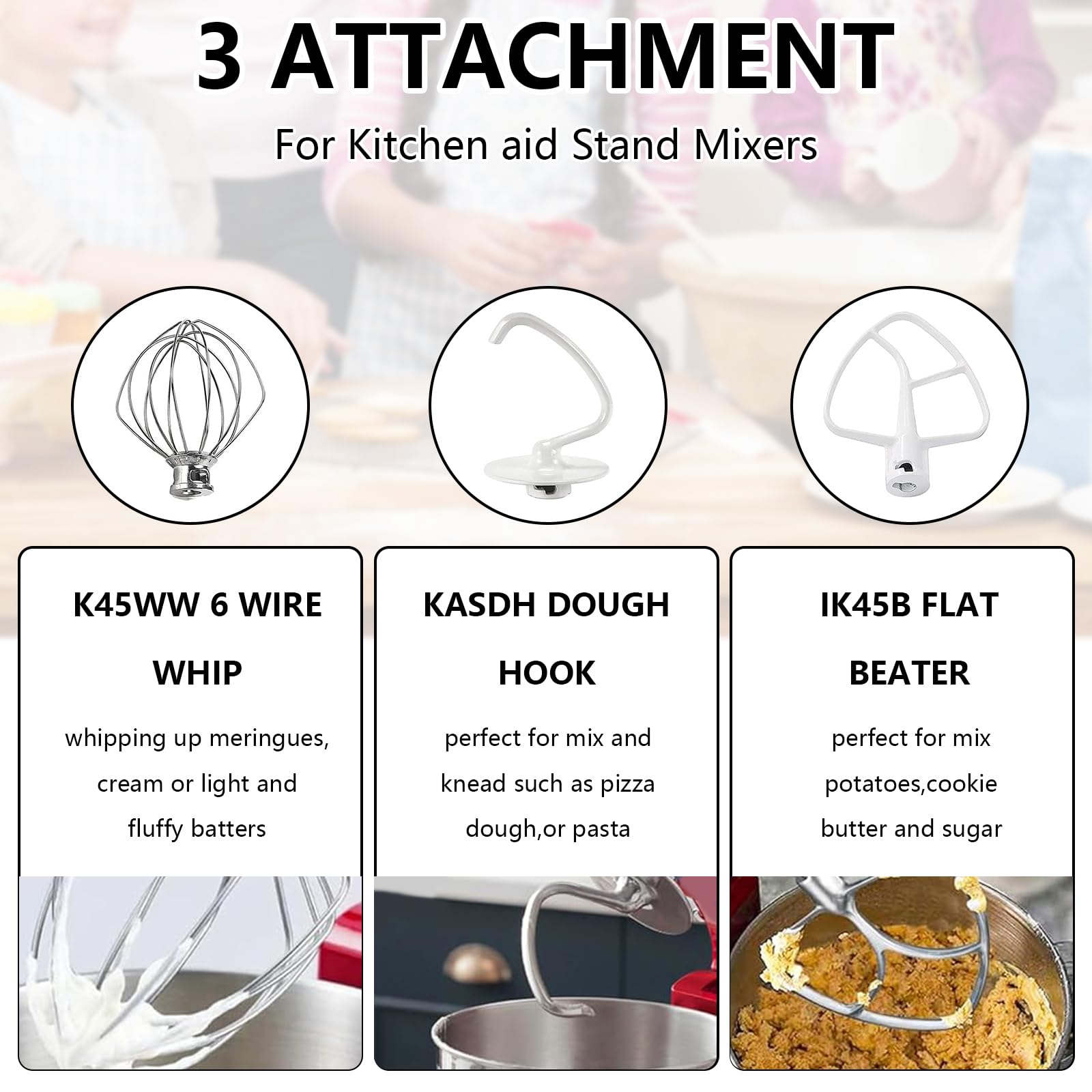 Juego de Accesorios para Máquina de Cocina, 3 Piezas Kitchen Accesorios Fabricados con Batidor K45WW Gancho para Masa K45DH Y Batidor Plano K45B para Preparar Una Variedad de Deliciosos Platos