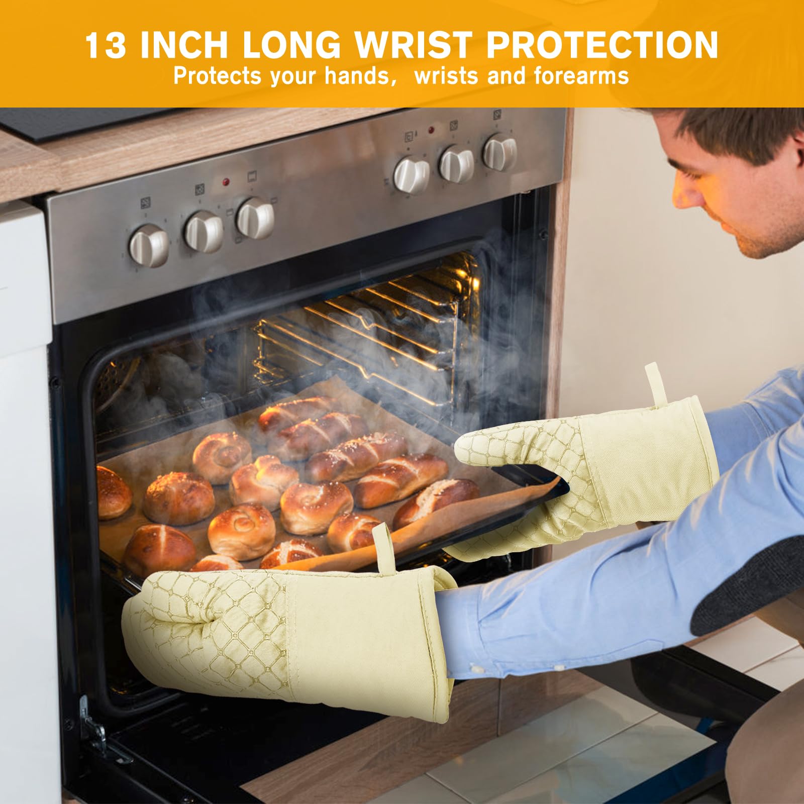 6 manoplas de horno y soportes para ollas, guantes de horno resistentes al calor de 260.0 °C con toallas de cocina, forro de algodón suave y superficie de silicona antideslizante, seguros para hornear