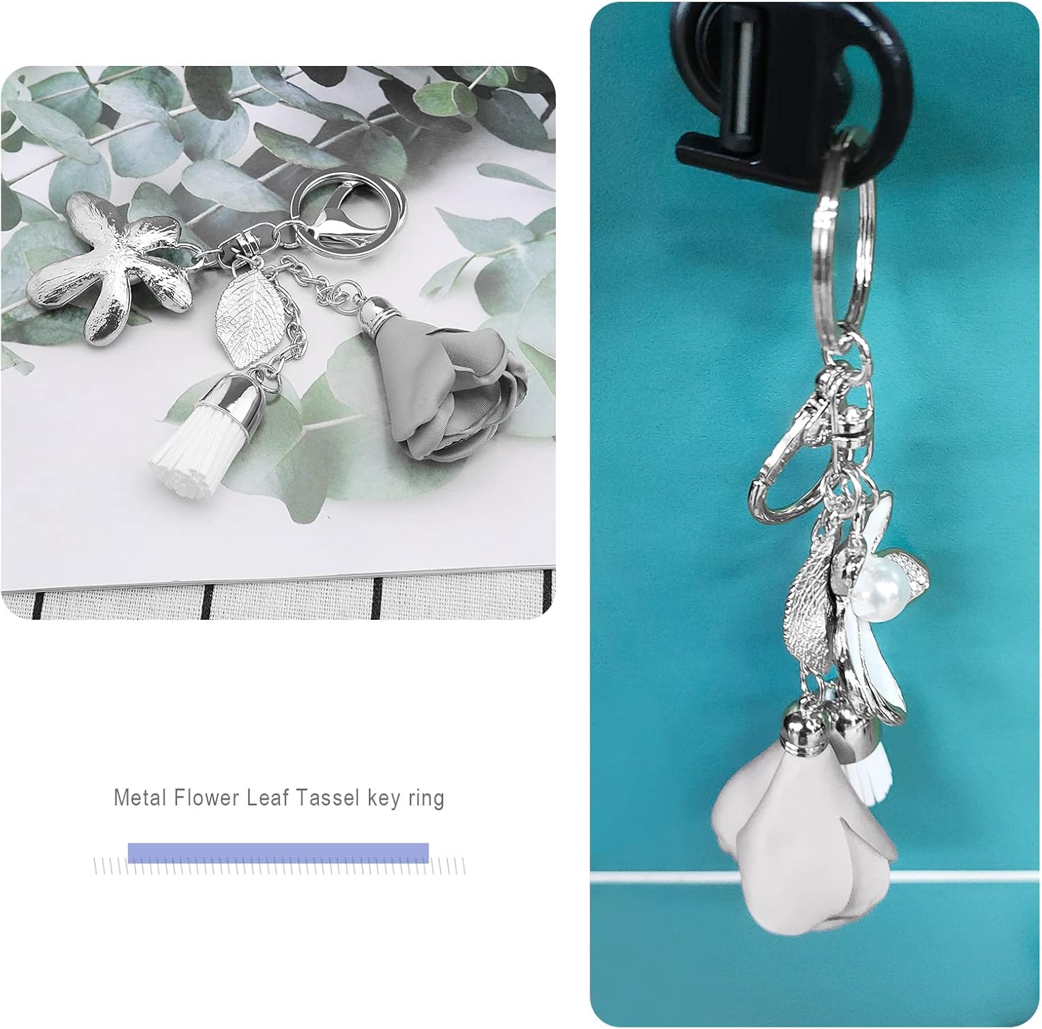 Create idea Flower Pendant Keychain Tassel Leaf Key Ring Rhinestone Charm Key Fob Handbag Ornament Key Decoration Gift for Women Girls Zinc Alloy Grey-silver - Image 4