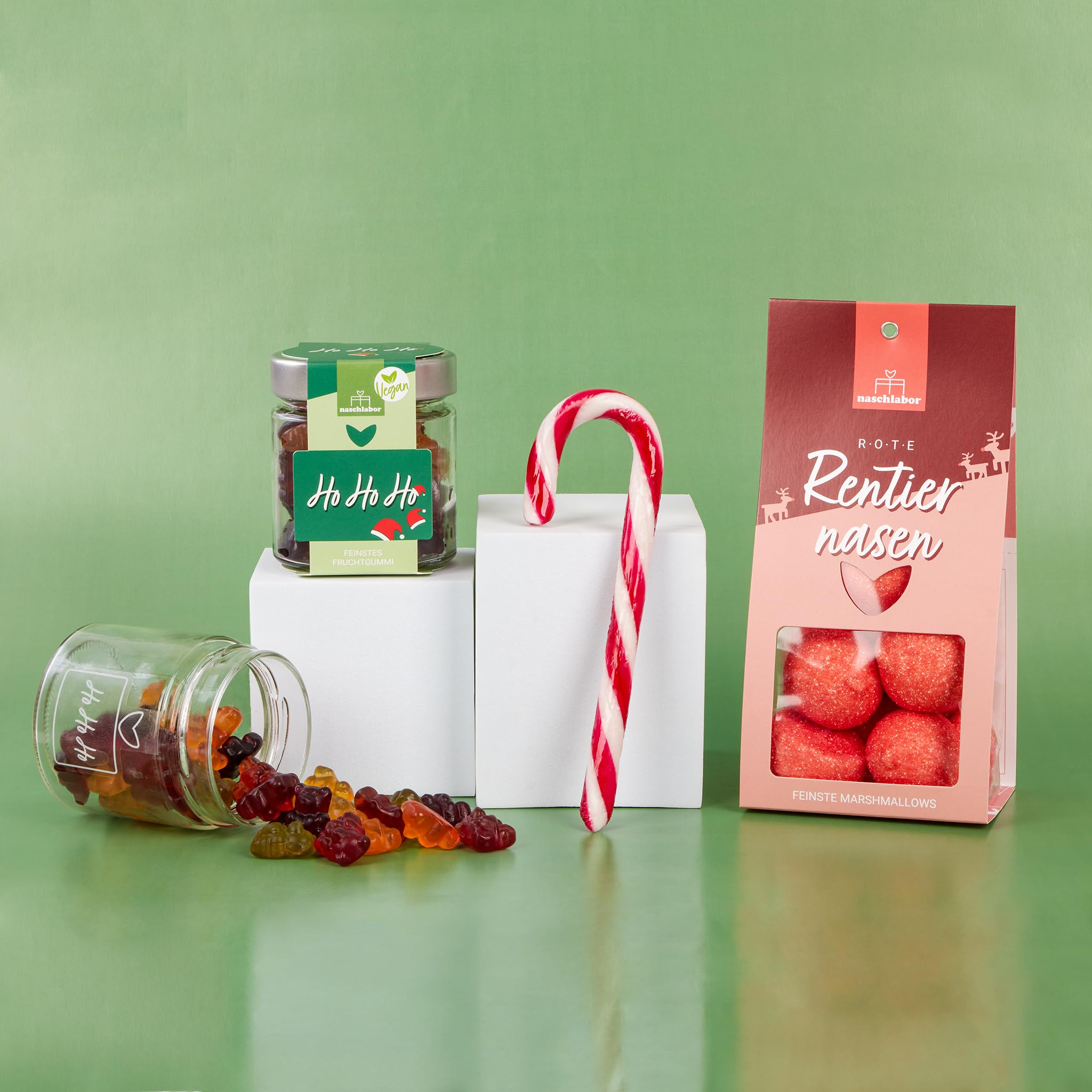 3er Set Zuckerstange, Marshmallows Rentiernasen & vegane Fruchtgummis Ho Ho Ho | Festliches Weihnachts-Set | Geschenkidee für Kinder, Freunde & Kollegen | Perfekt für Advent, Nikolaus & Weihnachten