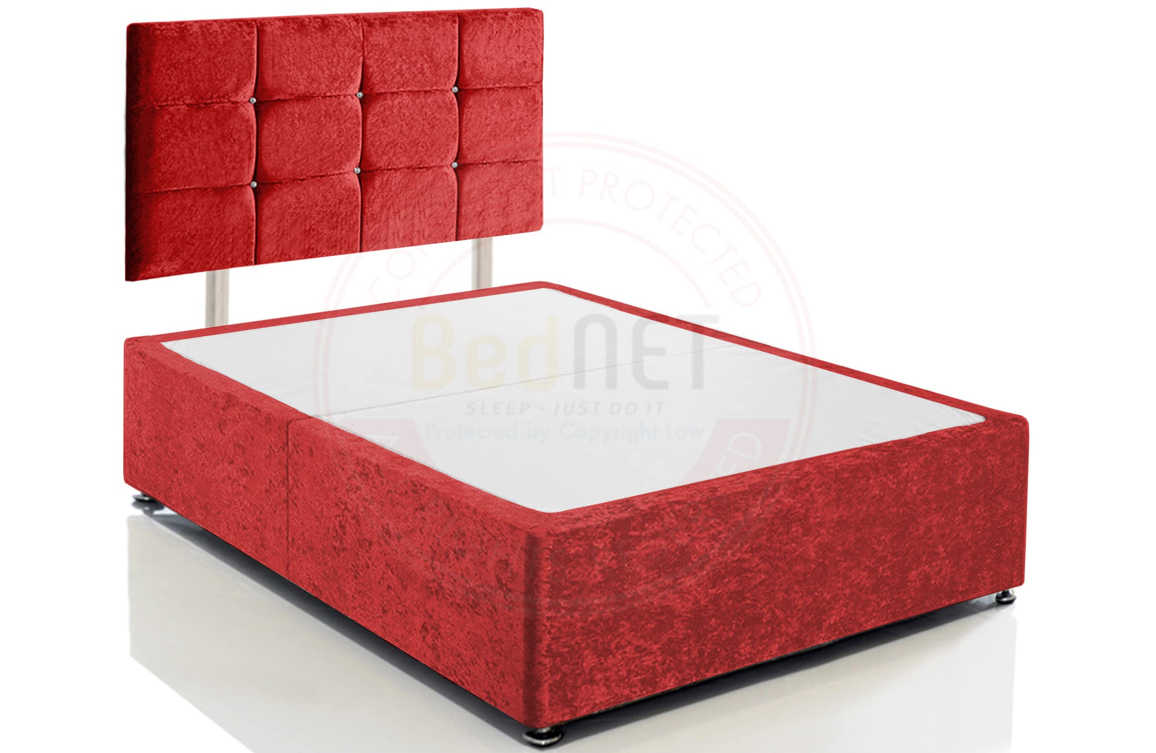 BEDNET Crushed Velvet Divan Bed Base Frame and Storage Drawers in Single Double King Size with Cube Headboards for Beds Bases (Red Crushed, 3FT - Single with No Drawers)