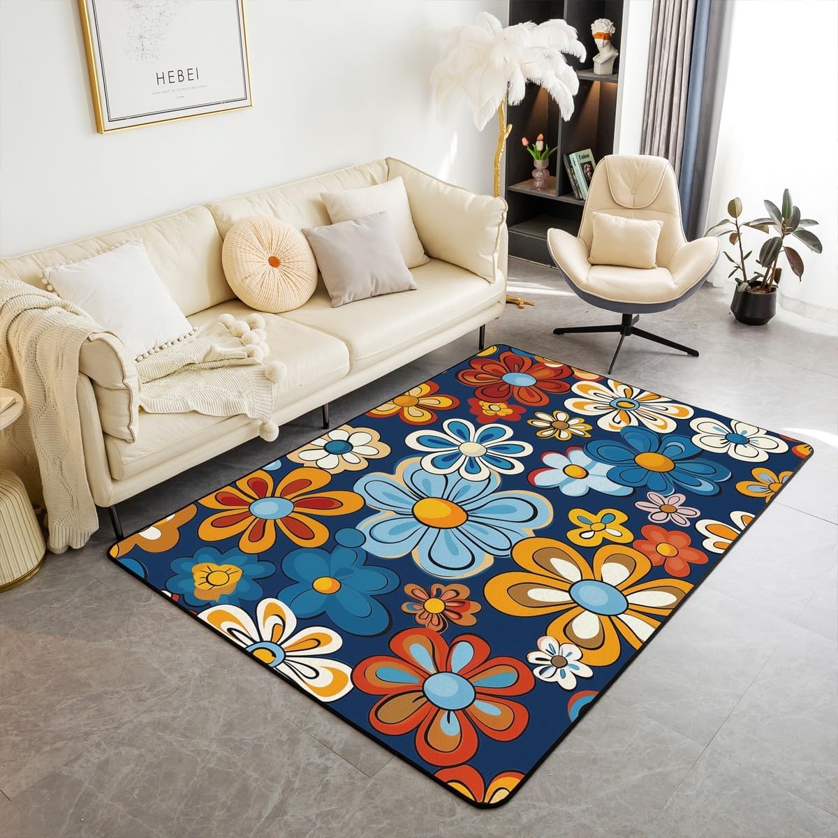 70S Groovy Flower Area Rugs 5x7 for Living Room, Rainbow Flowers Washable Rugs, Cool Vintage Boho Floral Carpet, Colored Women's Halloween 1960's 1970's Disco Hippie Indie Non Slip Indoor Floor Mat
