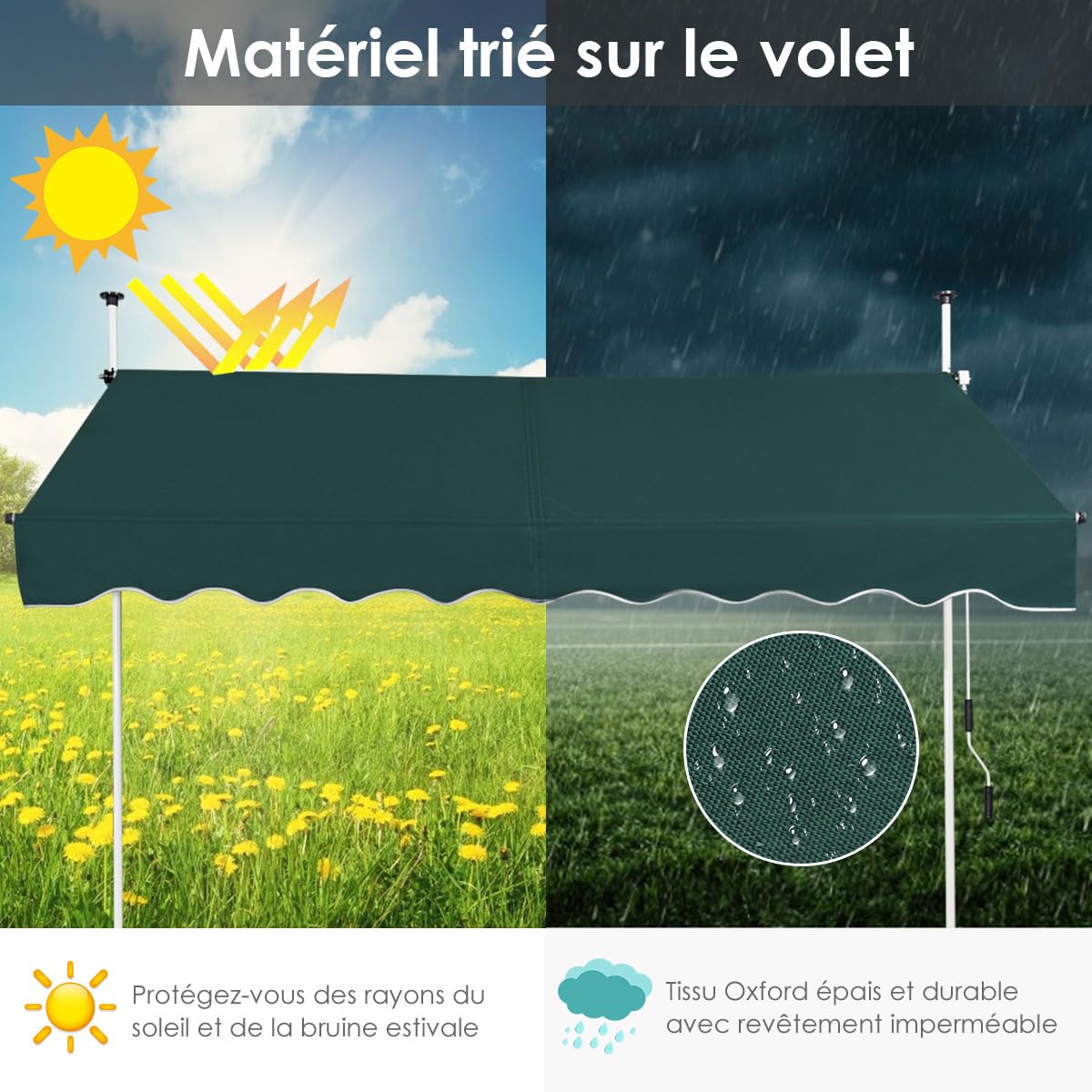 RELAX4LIFE Store Banne Manuel sans Perçage, Auvent Balcon Rétractable avec Manivelle, Tissu Oxford Anti-UV Imperméable, Hauteur Réglable 2-3 M, Store Banne pour Porte Fenêtre (Vert,200 X 125 cm)