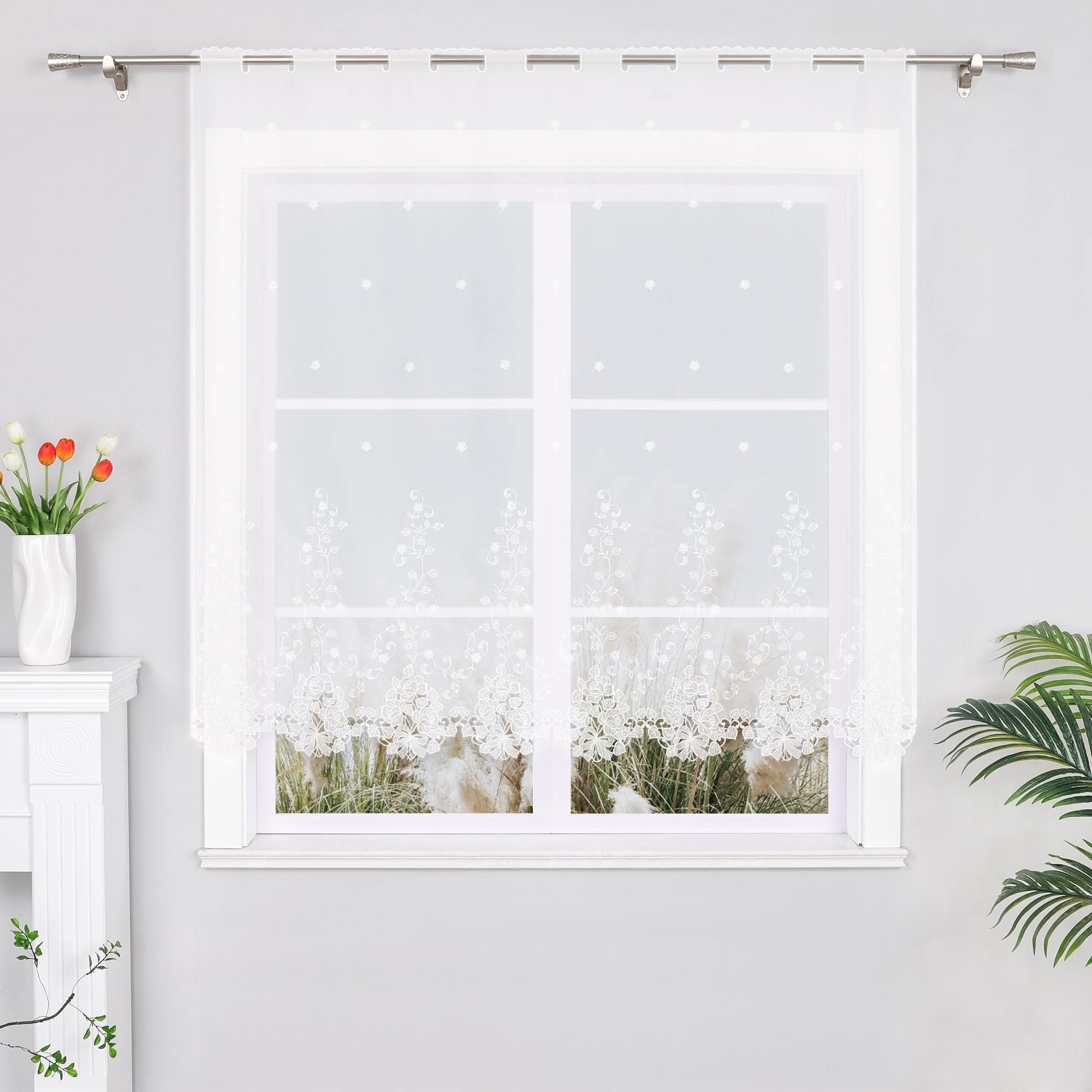 Yujiao Mao Rideau Brise-Bise Court Semi-Transparent à Motif Fleurs Brodées, Rideaux Cuisine Blanc Crème, Idéal pour Salon, Chambre et Cuisine – Décoration Élégante et Lumineuse HxL 150x150cm