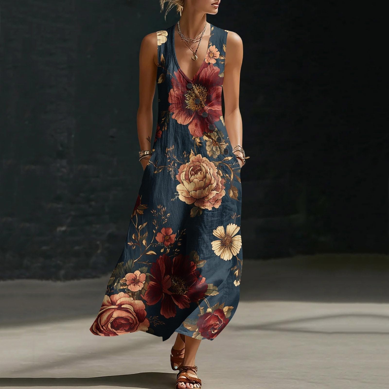 Generico Vestito Floreale Donna Estivo Senza Maniche in Misto Lino Vestiti Mare Boho da Spiaggia Abito Elegante Lungo con Scollo a V e Bottoni Abiti Casual Curvy Leggero per Vacanze Viaggio Uscite,