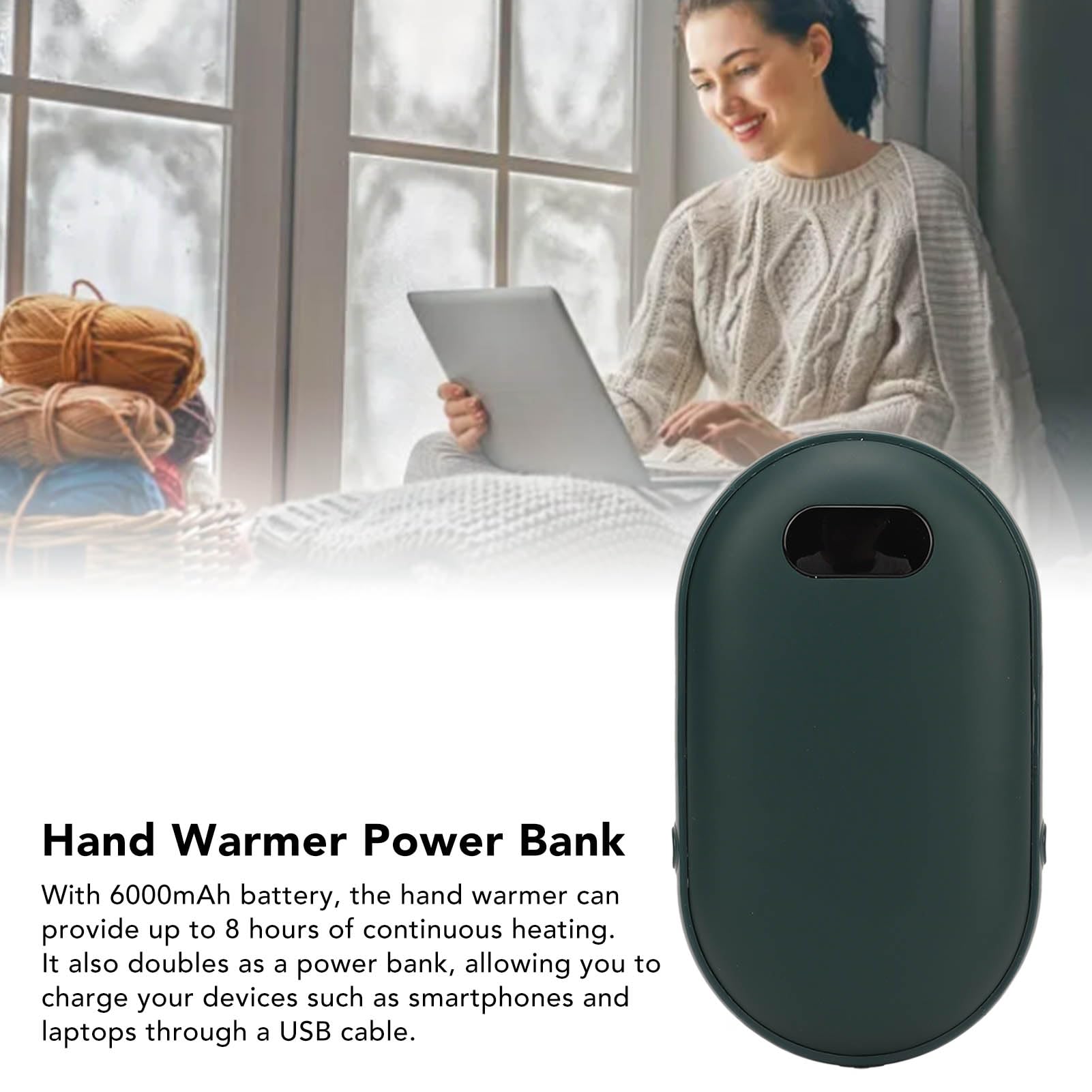 Chauffe-Mains électrique, Rechargeable par USB 2 en 1, Batterie 6000 MAh, Portable, Doux pour la Peau, avec Lanière pour la Randonnée et Le Ski (Green)