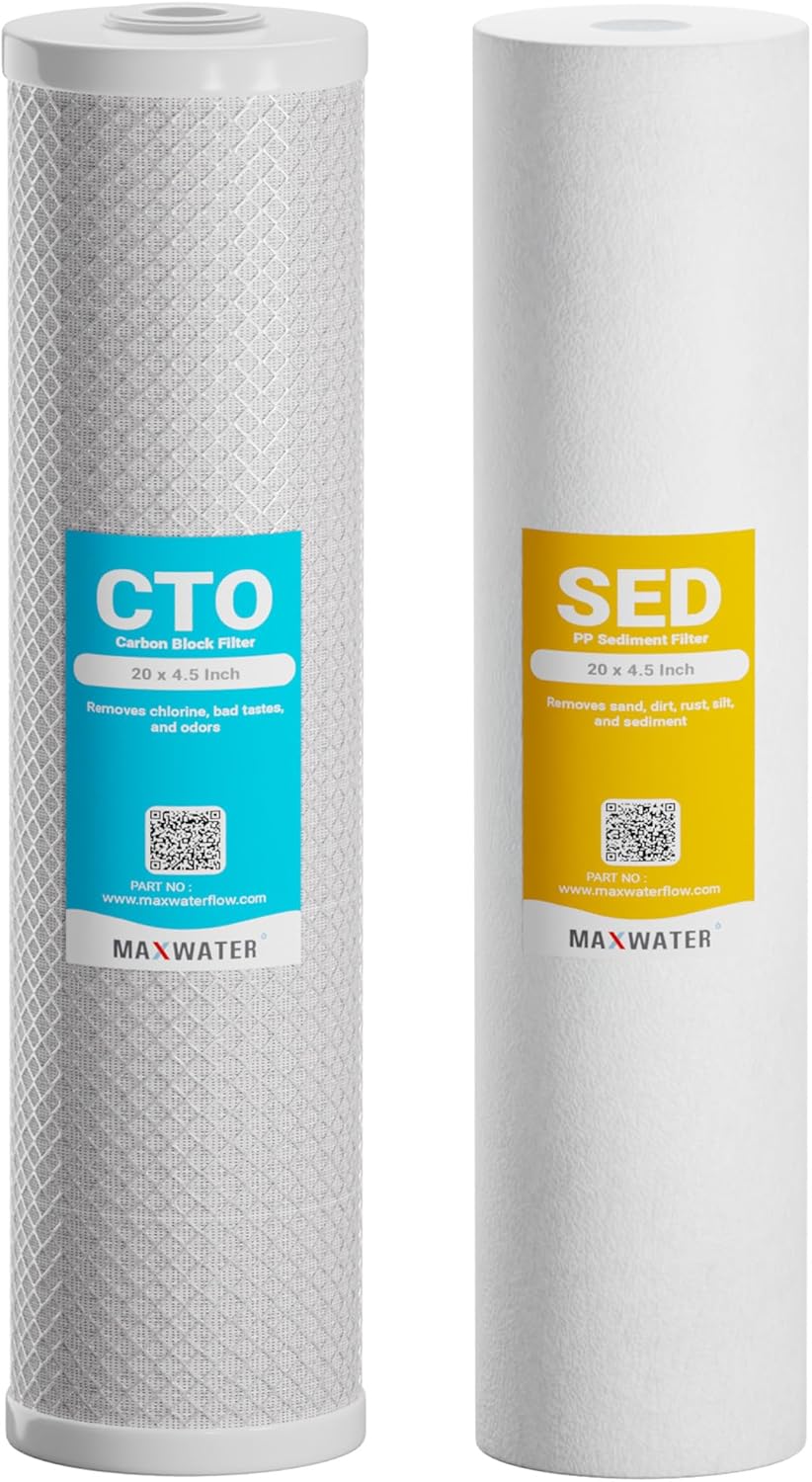 Max Water 5 Micron 20 x 4.5 Whole House Water Filter Replacement, 2-Stage Sediment & CTO Carbon Block Filters, Chlorine & Odor Reduction, Set of 2, Compatible with WGB22B
