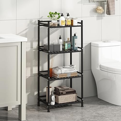 Miniatura 6 de Esquinero de almacenamiento de 4 niveles para el baño, estante abierto de pie, estante de esquina de metal para la cocina, salón, pasillo (negro, 4