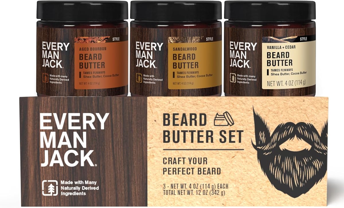 Every Man Jack Beard Softening Butter Gift Set for Men, Variety Pack of 3 | All Day Hydration for Beards & Mustaches, Shea Butter & Coconut Oil Condition, Tames Flyaways, Non-Greasy, Full Size 4oz Jars