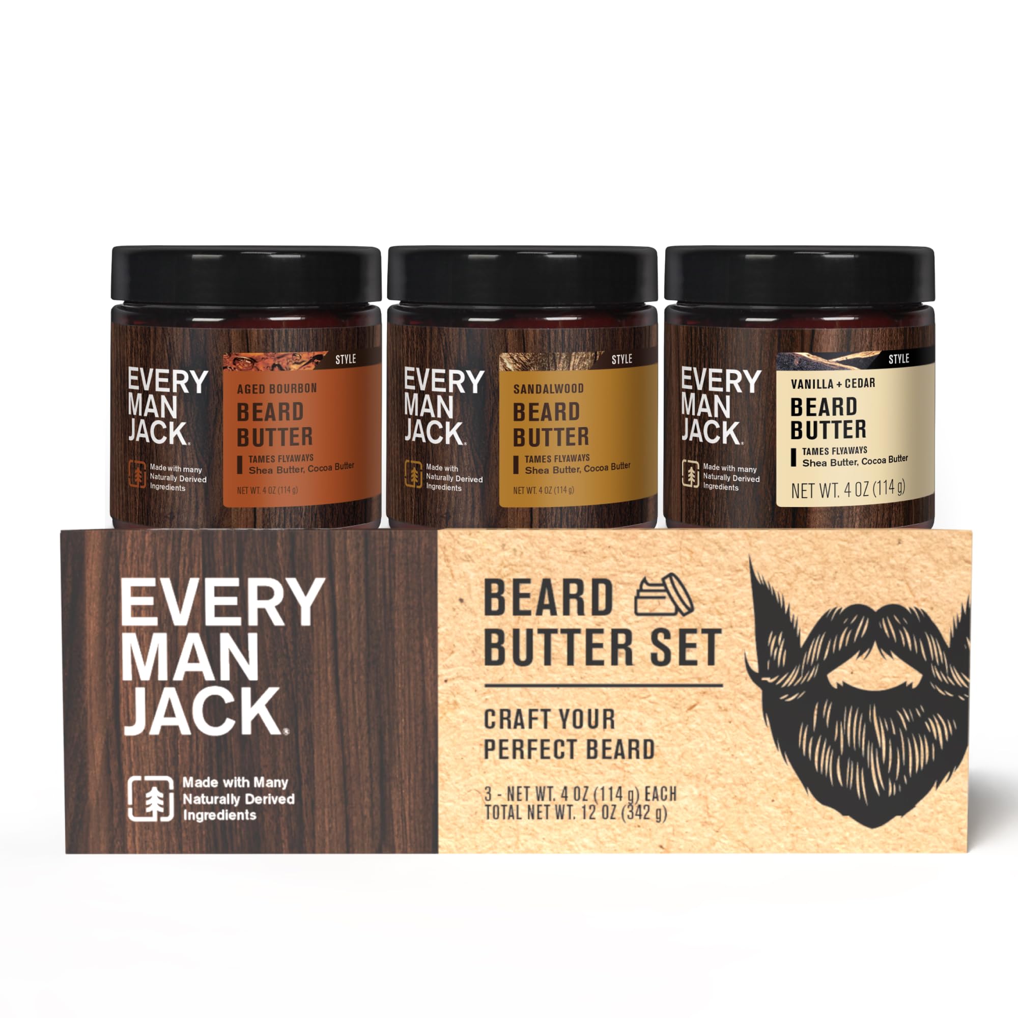 Every Man Jack Beard Butter Gift Set for Men – Full Size 3-Pack Variety with Sandalwood, Vanilla + Cedar & Aged Bourbon Scents – Naturally Derived