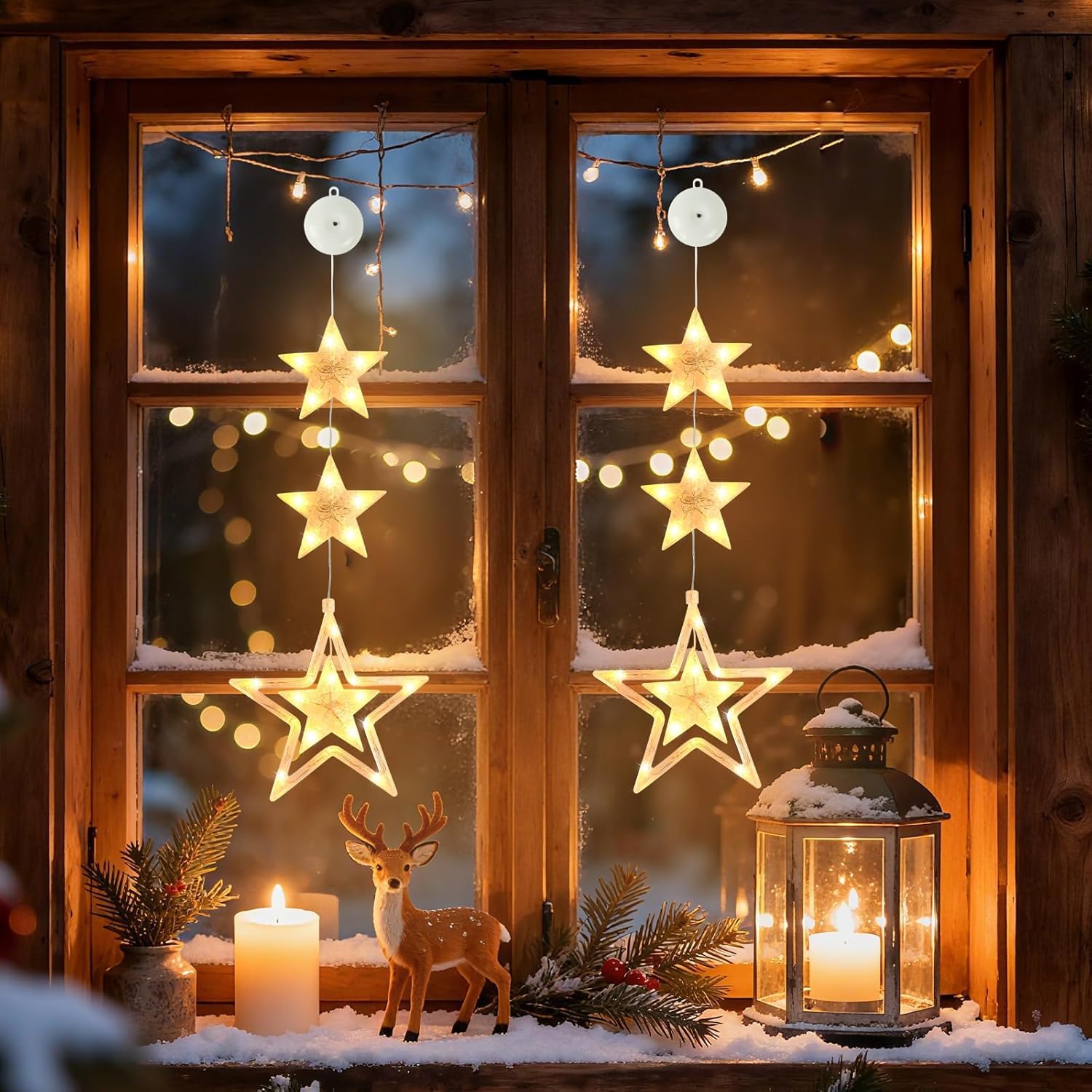 LED Weihnachtsbeleuchtung Fenster – 2 Sterne, Batteriebetrieben, Timer & 8 Modi, Warmweiß