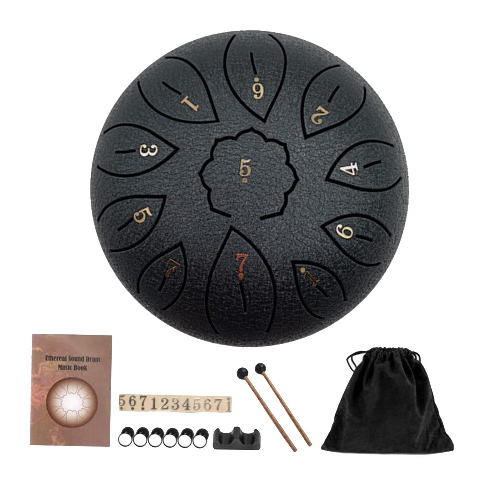 Tambor de Lengüeta de Acero con 11 Sonidos Instrumento de Percusión Educativo con Mazos Y Bolsa Material Antióxido Adecuado para Meditación, Negro