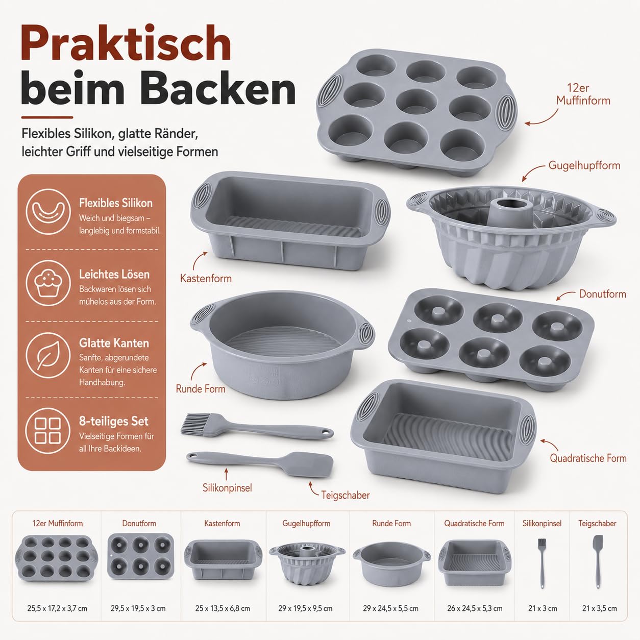 Silikon Backformen Set, 8 Stück Silikon Backform Gugelhupf Brotbackform Kuchenform Muffinform, Springform Backform mit Teigschaber und Backpinsel Für Backen Brot Toast Kuchen Cupcake Muffin