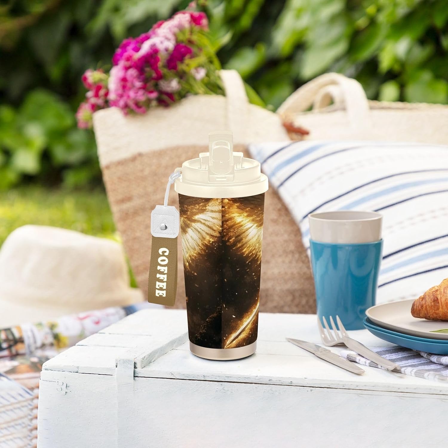 Insulated Coffee Mug Archangel Sword Wing with Straw & Flip Lid, 16.9oz Iced Tumbler Cup, Double Wall Vacuum Mug for Travel Office Camping