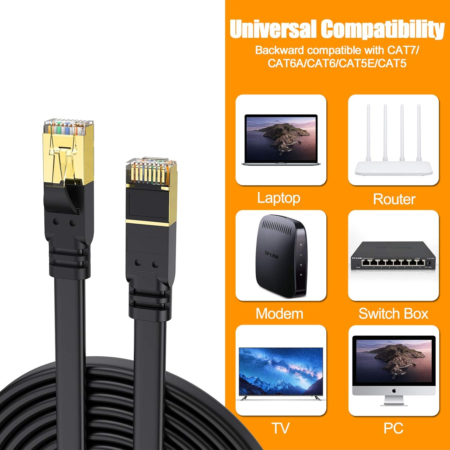 CAT8 Ethernet Cable 40ft, High Speed 40Gbps 2000MHz Flat Network Internet LAN Cable, Gold Plated RJ45 Connector Shielded Weatherproof Patch Cables for Gaming, Xbox, Modem, Router, Hub : Electronics