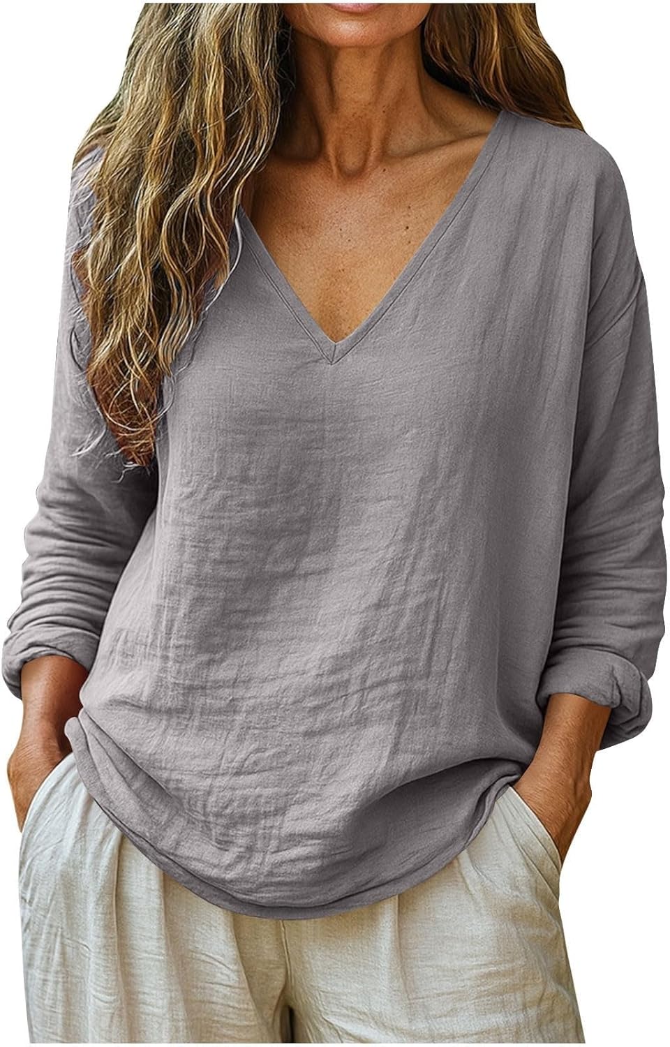 Linen Shirts For Women - 2026 Casual Long Sleeve v Neck Flowy Tunic Tops Dressy Summer Loose Spring Fashion Blouses - Image 2
