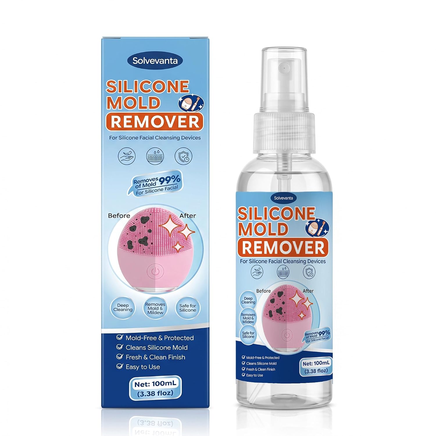 Silicone Facial Cleansing Device Cleaner Spray, 100mL Cleaning Solution for Silicone Face Brushes, Sonic Facial Cleansers & Beauty Tools, Helps Remove Dark Residue, Stains & Surface Buildup