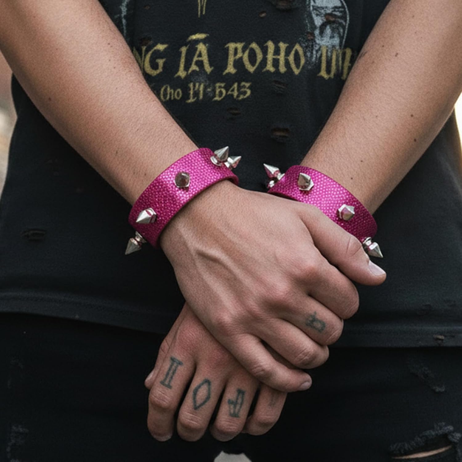 2PCS Studded Bracelet Rock Wristband Bracelets Cuff Wrap Bangle Sparkly Wristbands for Men Women