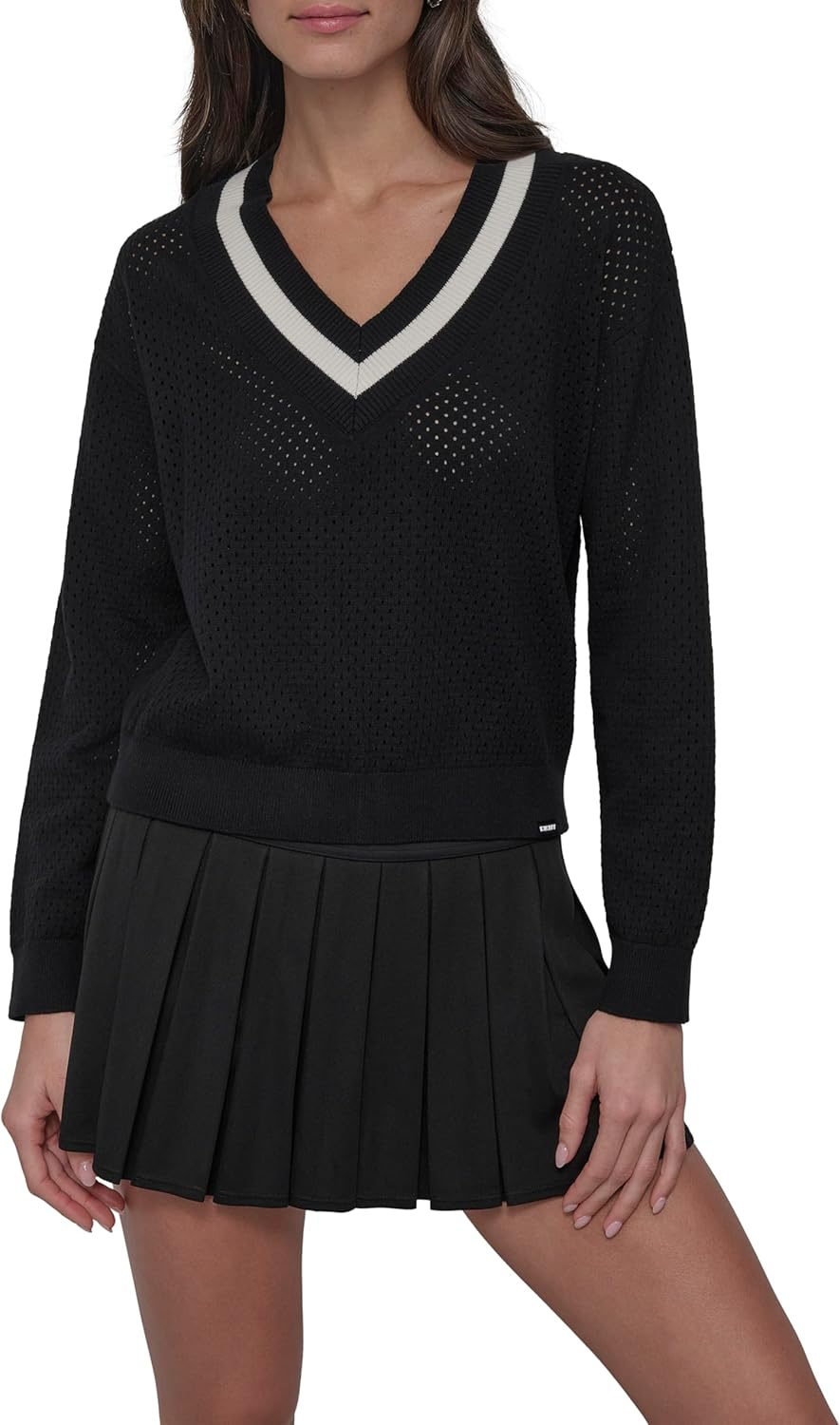 DKNY Women's Long Sleeve V-Neck Soft Mesh Sweater