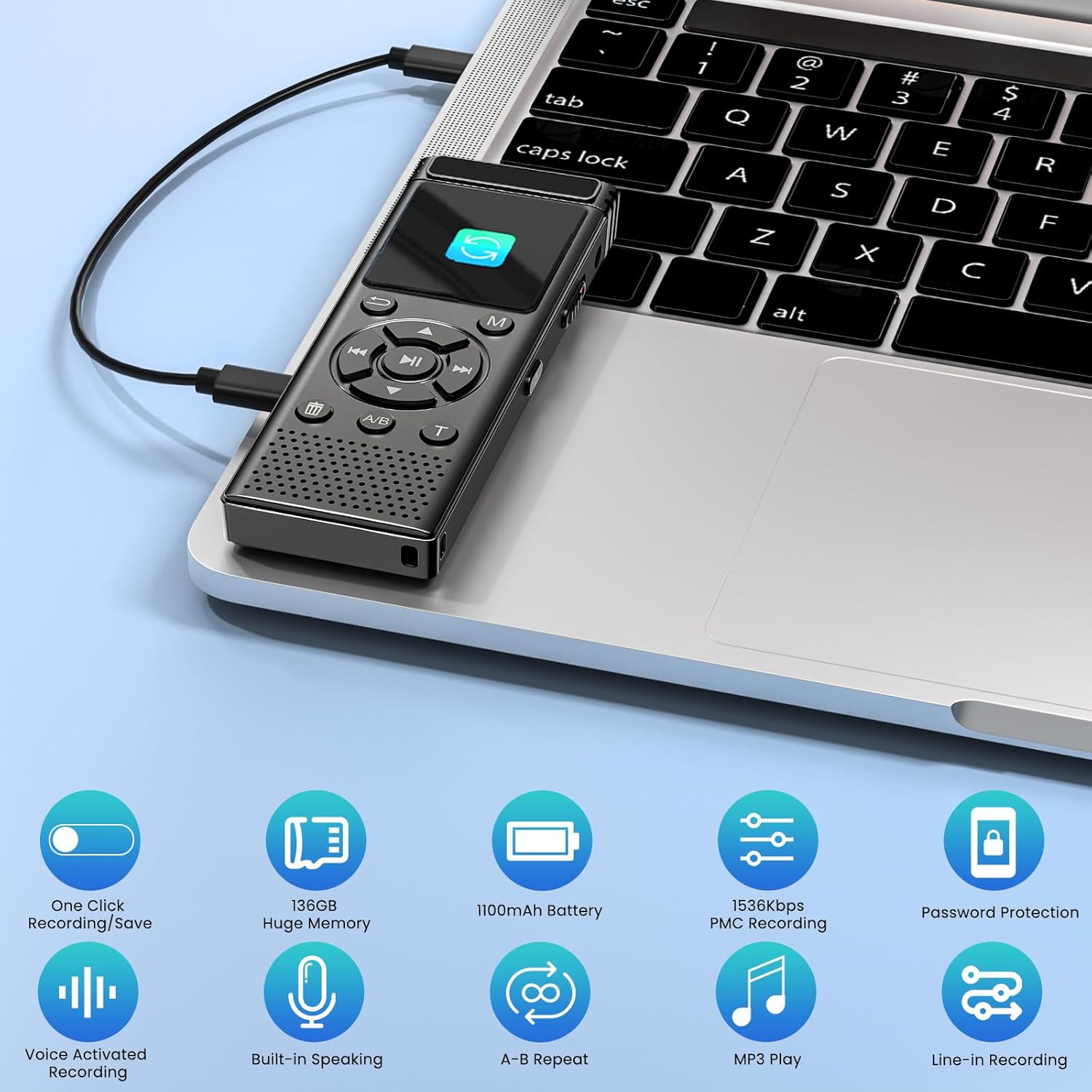 136GB Digital Voice Recorder with Playback,9000 Hours Audio Recording Device,Voice Activated Recorder with Noise Reduction,A-B Repeat,Mp3 Player and Password for Lectures Meeting/Classes/Interviews - Image 6