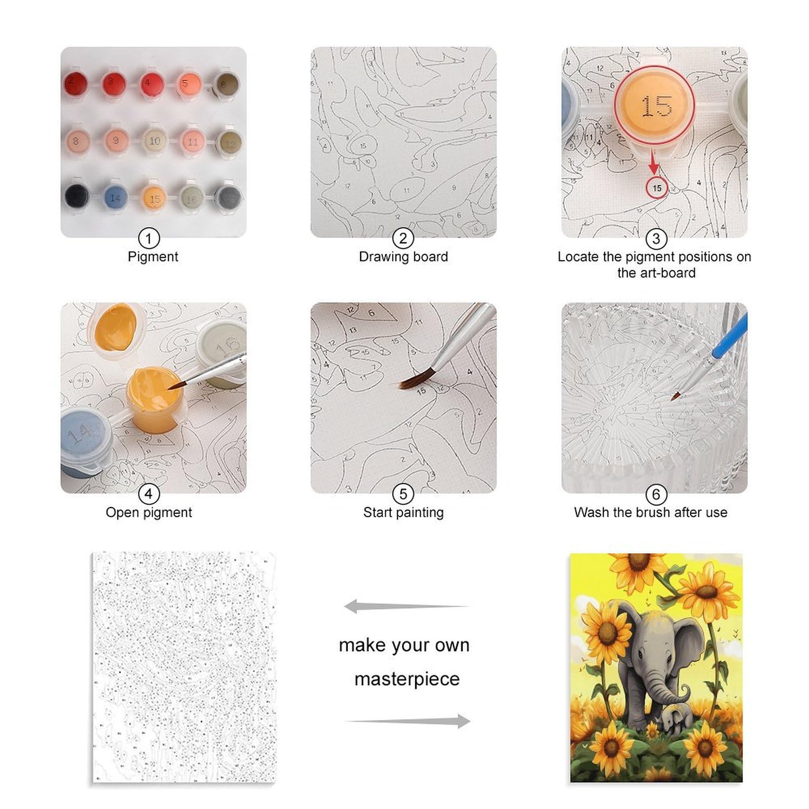 LPAGBCNU Malen nach Zahlen für Erwachsene und Anfänger, Erwachsene, Motiv: Elefant und Baby, Elefant, Sonnenblumen, Malen nach Zahlen, Kits auf Leinwand, DIY-Acryl-Ölfarben, Gemälde mit Pinseln für