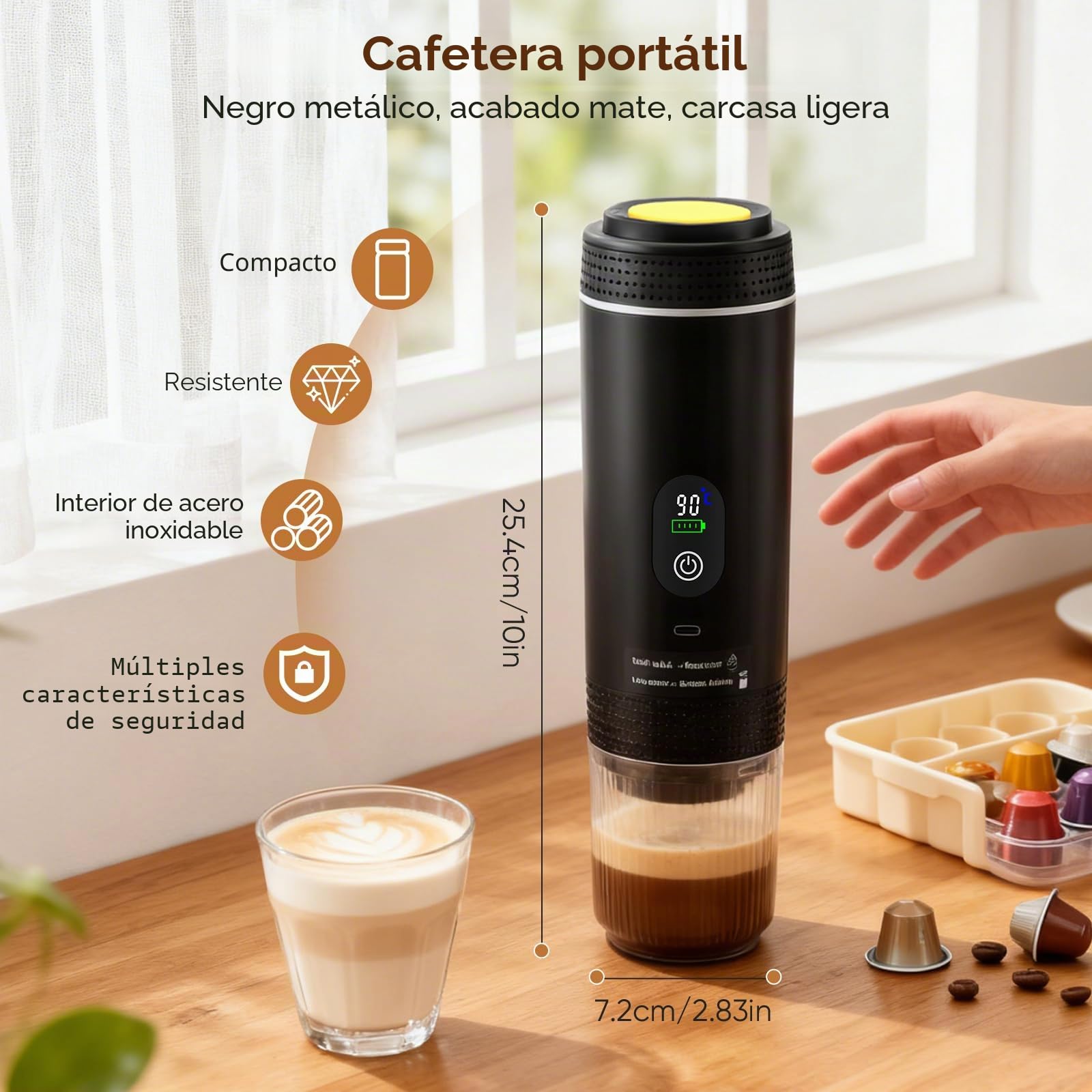 Cafetera Espresso Portátil, 3 en 1 Máquina de Café Eléctrica Compatible con Cápsulas Nespresso & Café Molido, Autocalentamiento, USB Recargable, Presión de 25 Bar, para Viajes Camping Coche Oficina