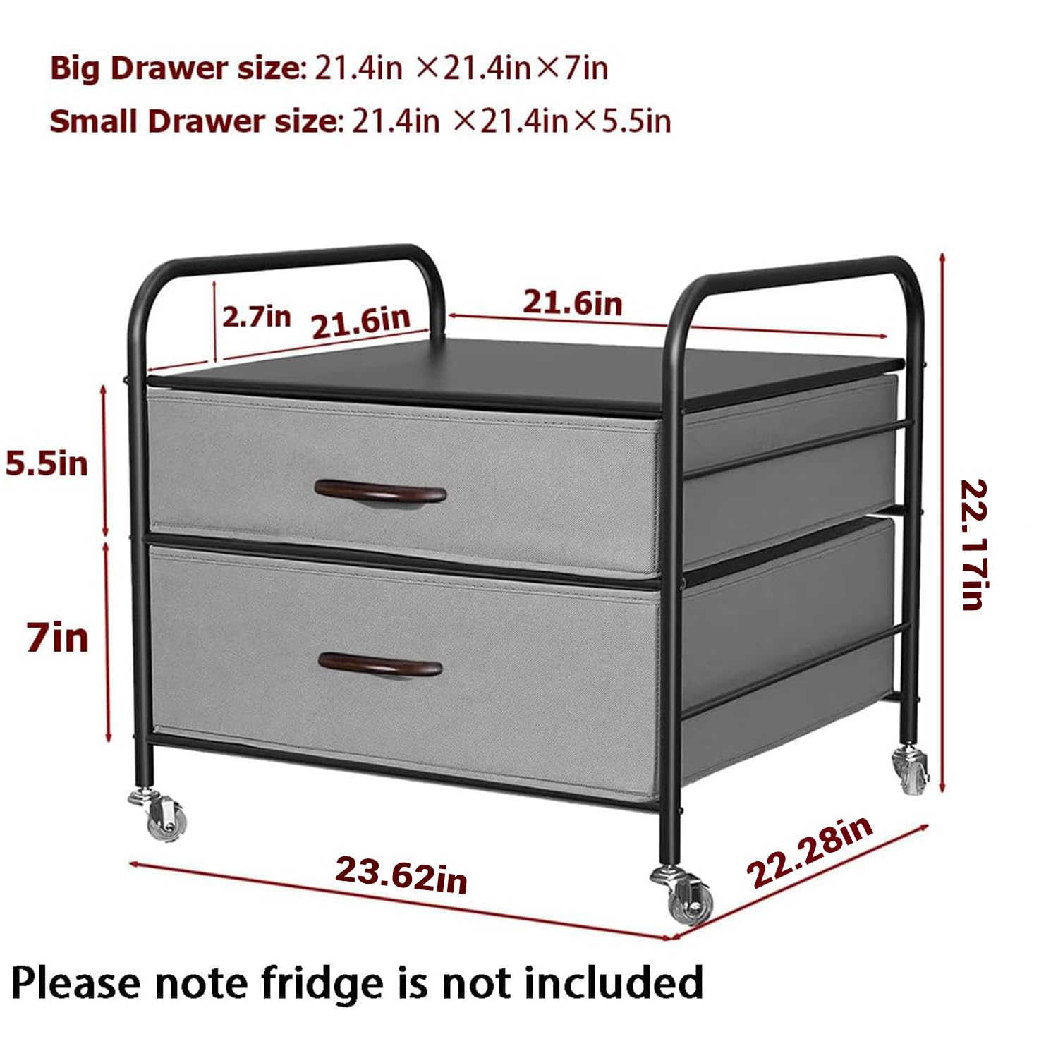 EazeHome Soporte para nevera con almacenamiento, carrito de nevera de 2 cajones, unidad organizadora para mini refrigerador, marco negro con cajones grises, 4 ruedas giratorias