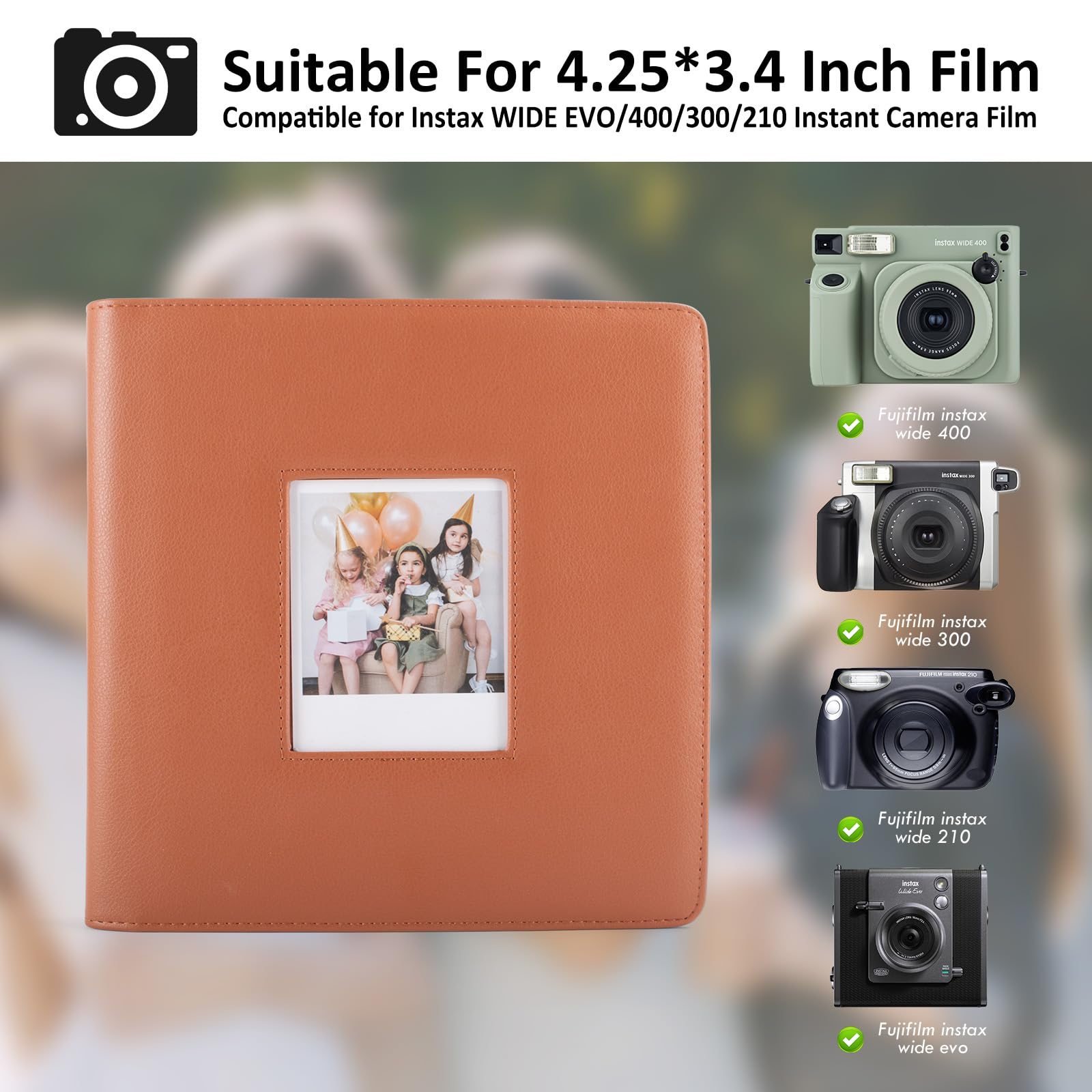 MUZIRI KINOKOO 288 Pockets Photo Album for Instax WIDE 400/WIDE EVO/Link WIDE Instant Camera,PU Leather Album for Polaroid/WIDE 300/WIDE 210,4.25 * 3.4 Inch Film Collection Souvenir Photo Album-Brown - Image 2