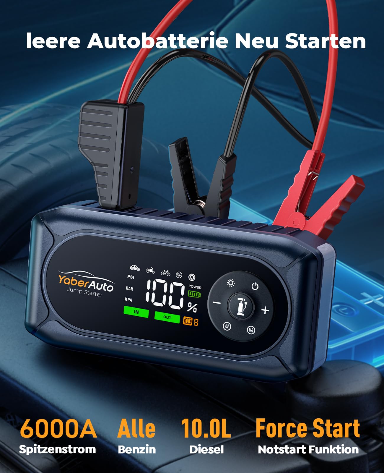 6000A Starthilfe Powerbank für Pkw mit Kompressor 150PSI, Auto Starthilfe Powerbank für Alle Benzin und 10.0L Diesel, Starthilfe mit 500 Lumen 4 Modi LED Licht und 3.3'' LCD Display, YaberAuto AP02