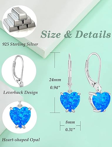 Miniatura 6 de Vesitim Solitaire WhiteBluePinkGreen Opal Dangle Earrings 925 Sterling Silver Heart-Shaped Opal Jewelry for Women Gift