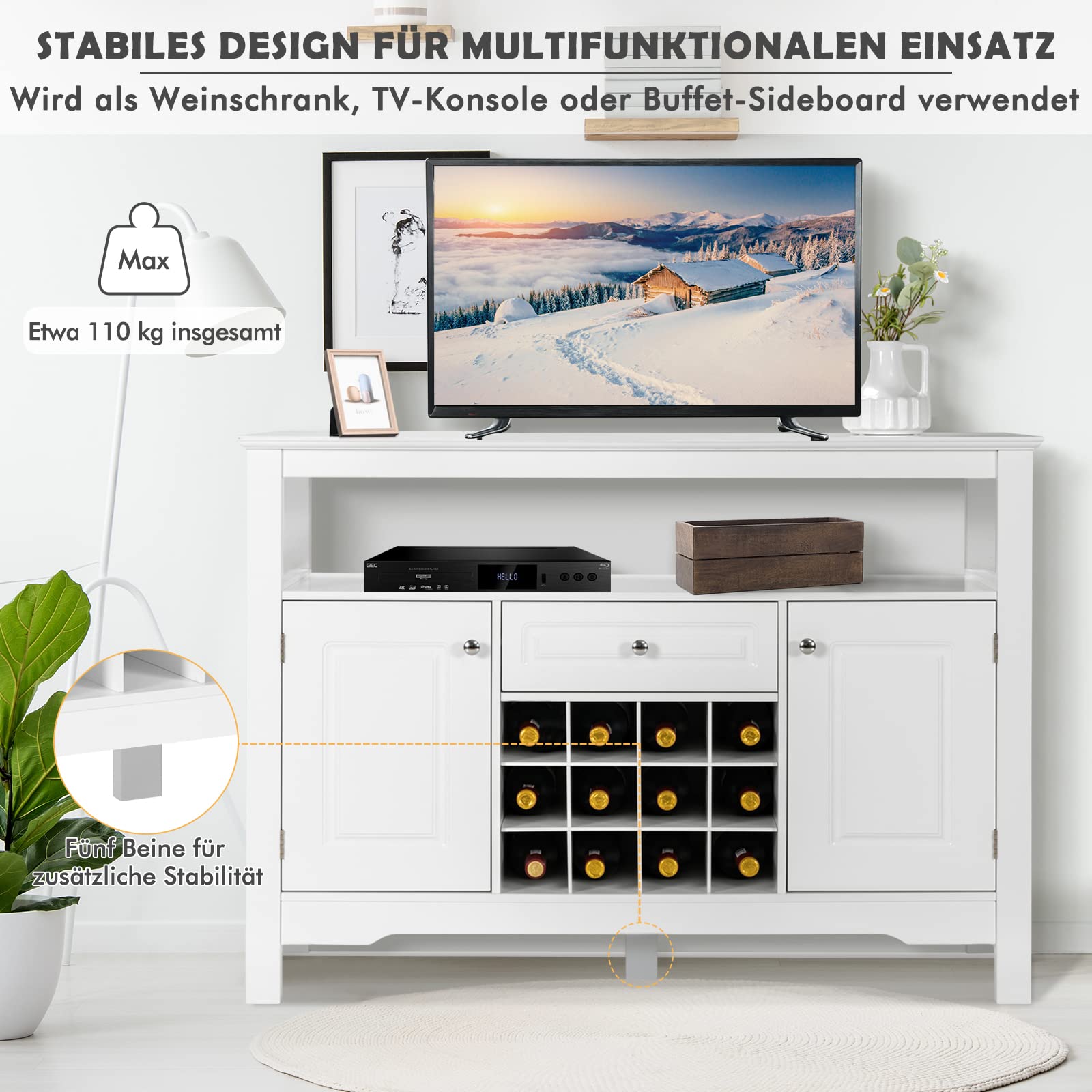 GOPLUS Sideboard mit Weinregal, Küchenschrank mit Offenem Regal, 1 Schublade & 2 Türen, Beistellschrank für Wohnzimmer, Küche & Esszimmer, 117 × 40,5 × 85,5 cm (White)