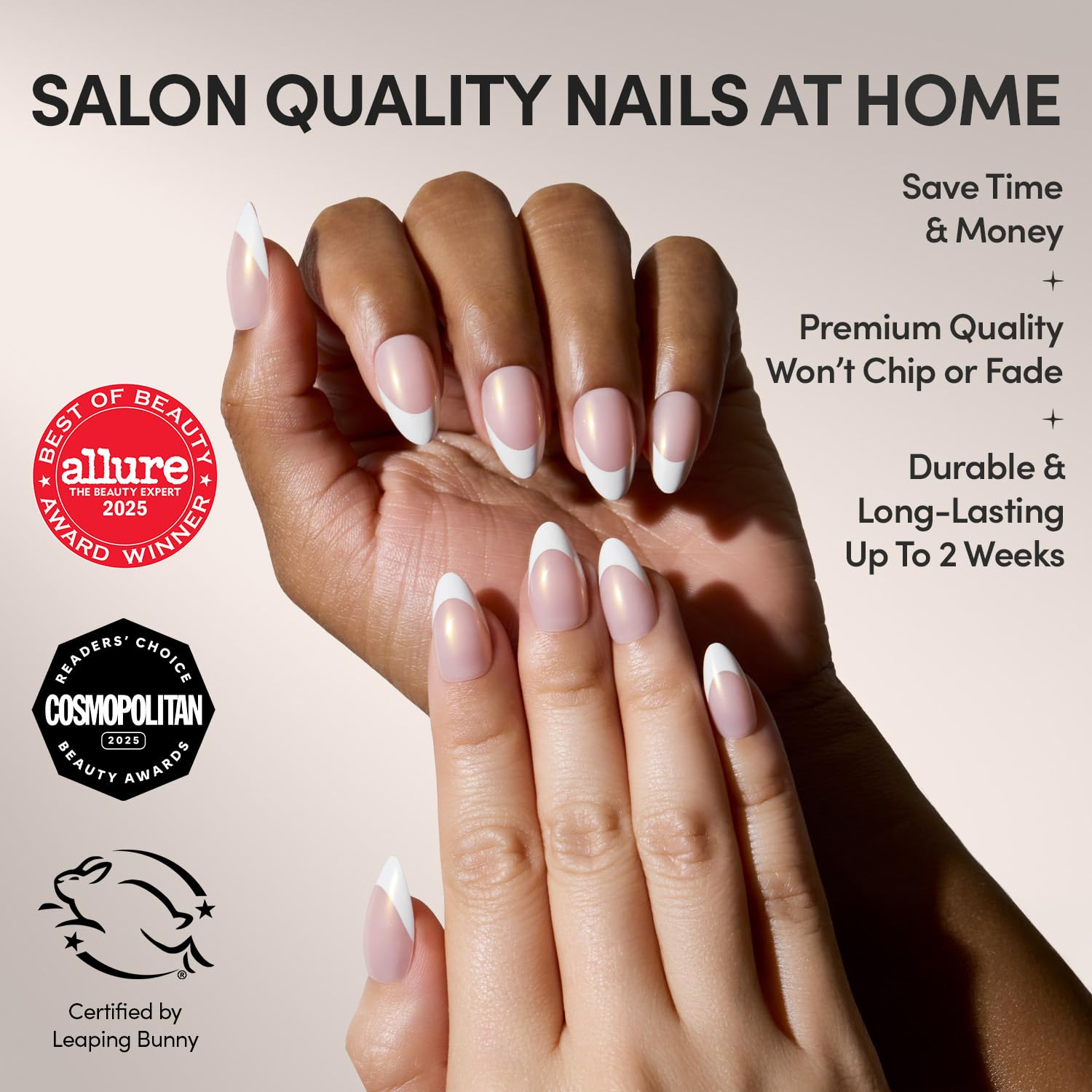 Glamnetic x GLAMZILLA Press On Nails - GIVE 'EM GRACE | Short Almond Fake French Tip Nails with Gold Glaze, Salon Quality, Everyday| 15 Sizes - 30 Nail Kit with Glue