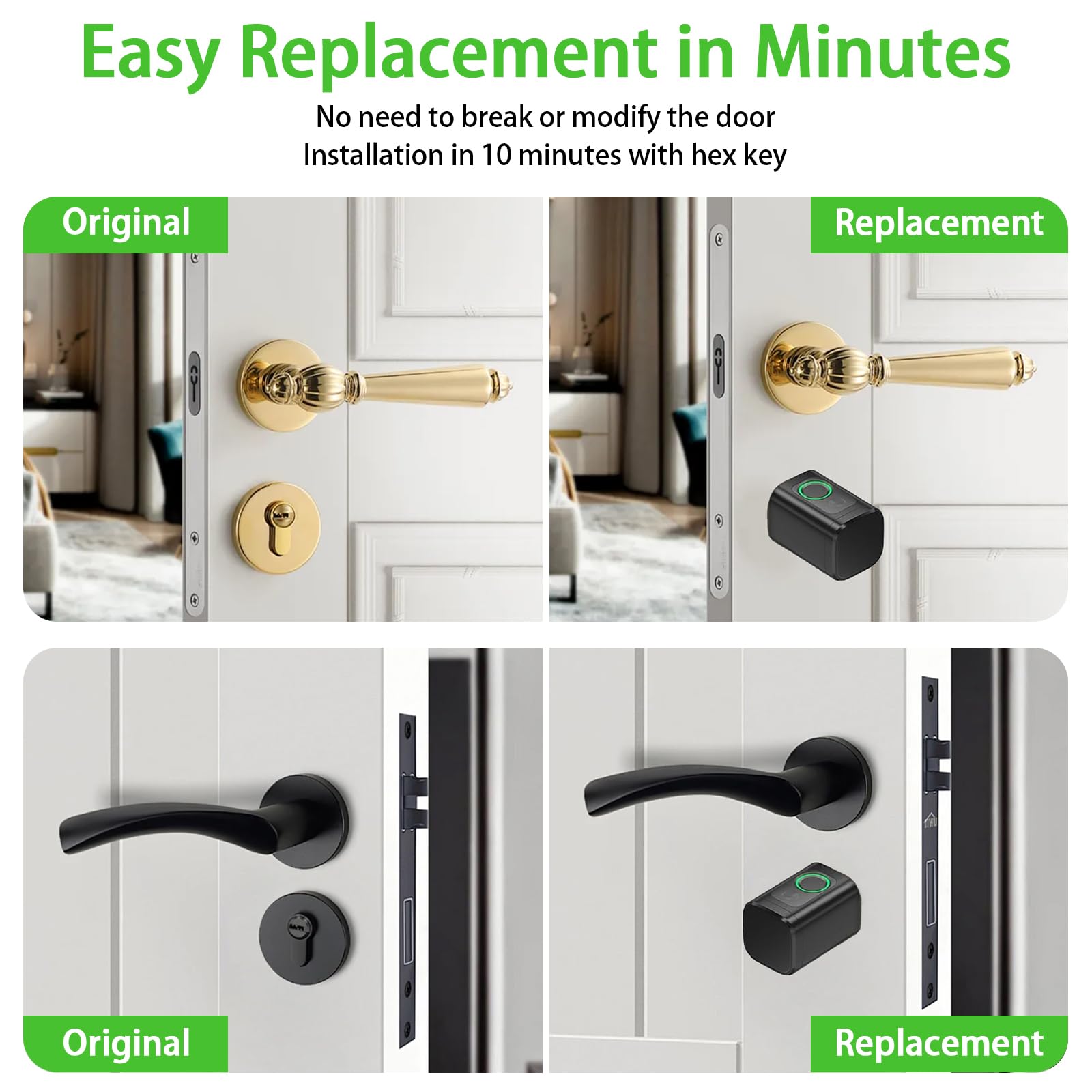 Cerradura Inteligente 5 en 1 para Puerta Principal, Cilindro Ajustable 60–90 mm, Apertura con Huella, Contraseña, Tarjeta RFID, Tuya App, Bluetooth y Llave, Modo Invitado y Contraseña Única