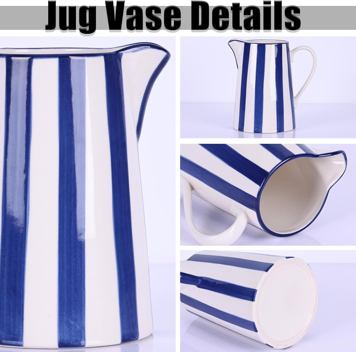 Ceramic Blue and White Pitcher Vase with Handle, Hand Painted Farmhouse Boho Pottery Jug for Decor Table Centerpiece, Kitchen, Home Desktop Decor Vase (Stripes)