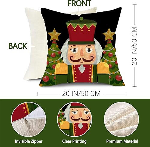 Miniatura 2 de Juego de 4 fundas de almohada decorativas de cascanueces de Feliz Navidad de 20 x 20 pulgadas, diseño de árbol de Navidad, juguete de soldado de