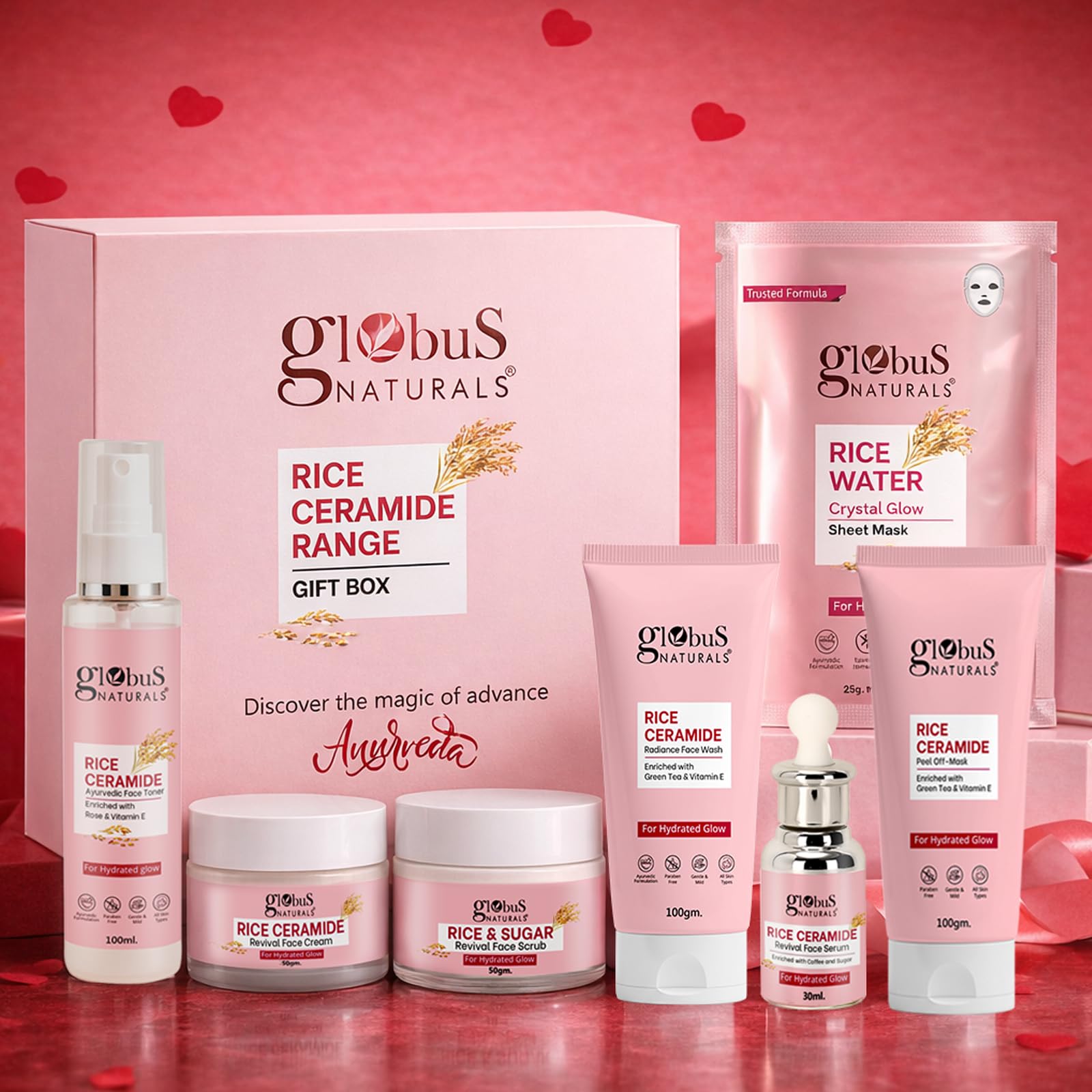 Globus Naturals Rice Ceramide Korean Glass Skin 7 Step Skincare Gift Set | Face Wash, Scrub, Cream, Serum, Toner, Peel off Mask, Sheet Mask | Brightening & Glow Care for Men & Women