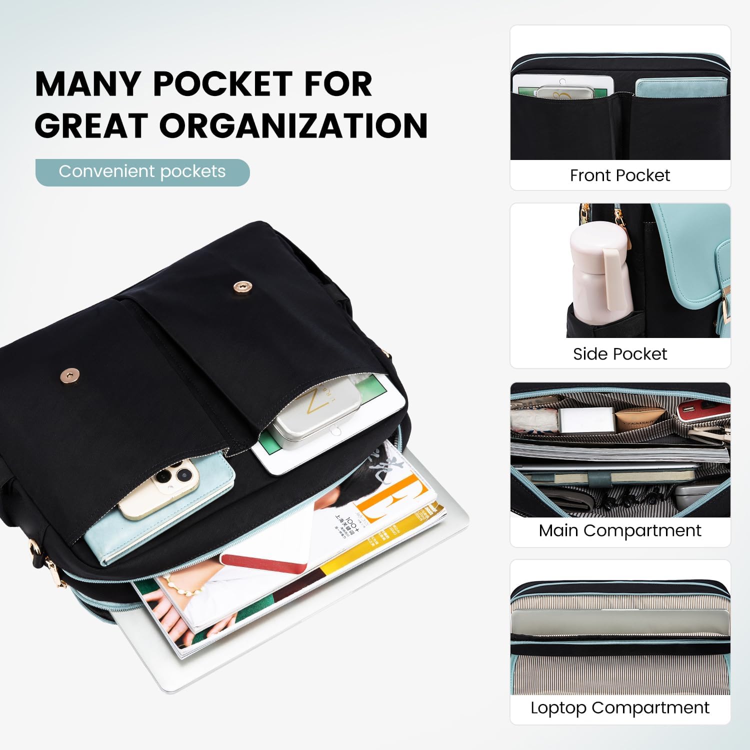 LOVEVOOK Laptop Bag for Women, 15.6 inch Large Capacity Computer Briefcase Case, Crossbody Messenger Bag, Office Business Work Bags Purse for Travel Gifts, Mint Green-black - Image 4