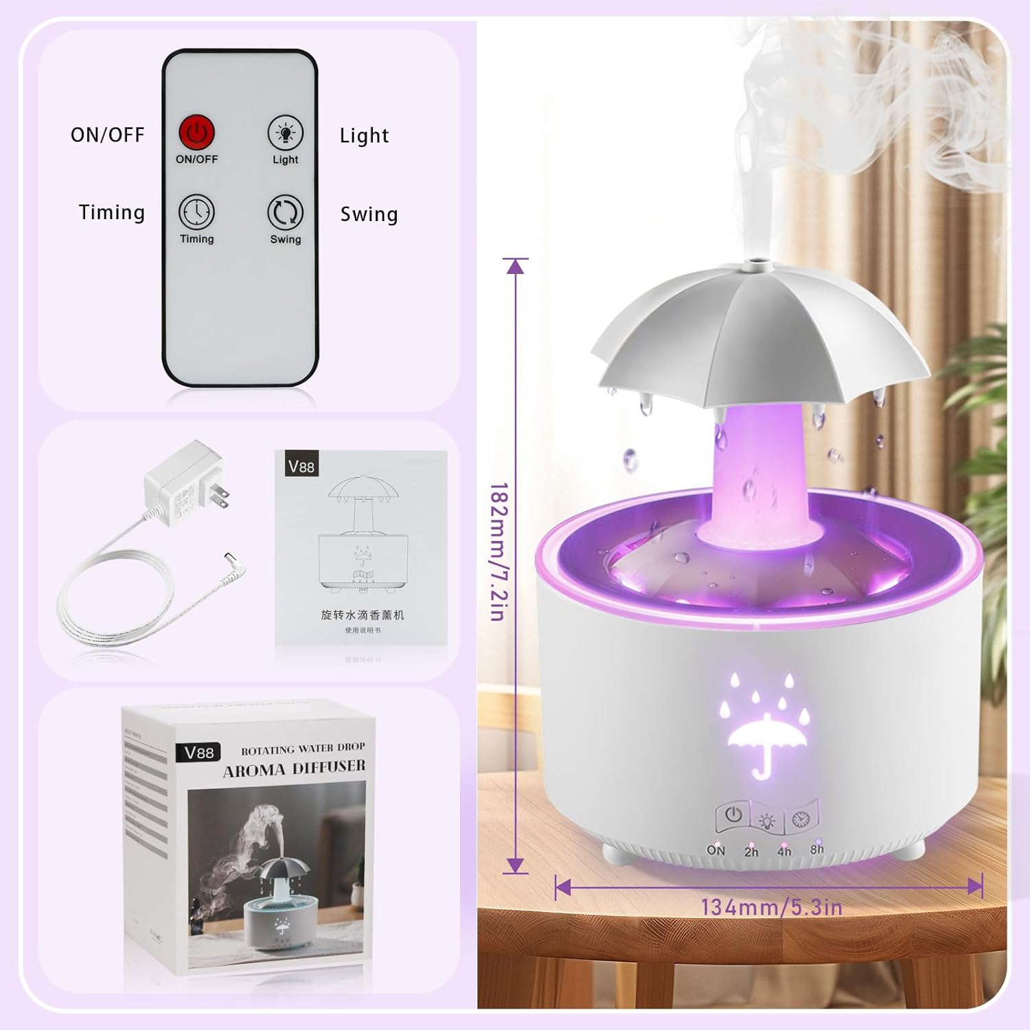 Humidifier for Bedroom, 7-Color Rotating Umbrella Diffuser with Rain Drop Effect, 300ML Small Humidifier Aroma Diffuser with Remote & Timer, Funny Rain Humidifier Gift for Kid Teen Women (White)