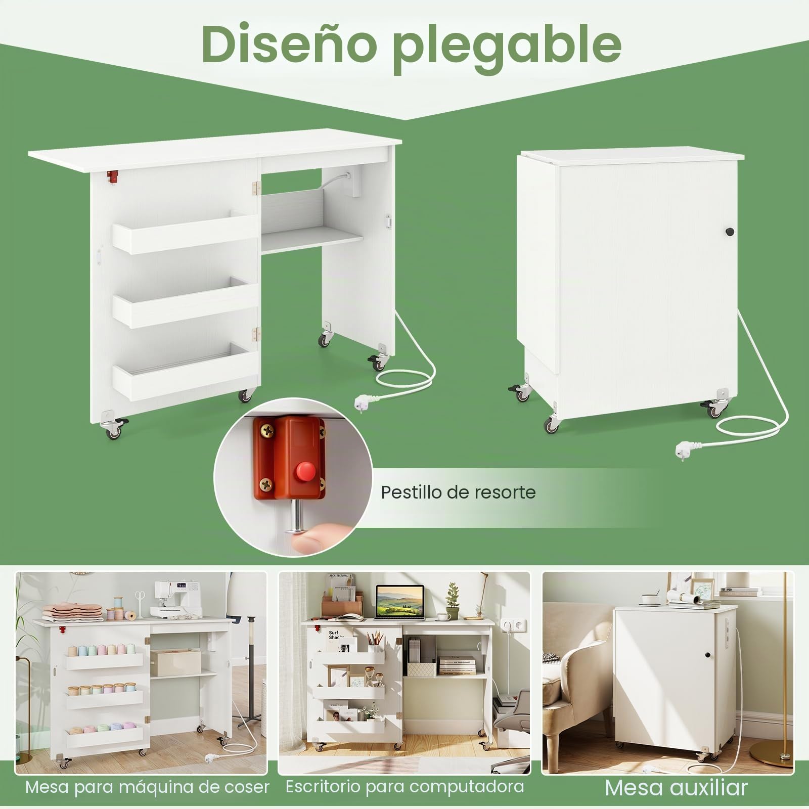 GIANTEX Armario de Costura Plegable con 5 Ruedas, Mesa de Coser con Estación de Carga, 3 Compartimentos y 1 Estante Abierto, para Dormitorio, Salón y Estudio (Blanco, 116x41x78cm)