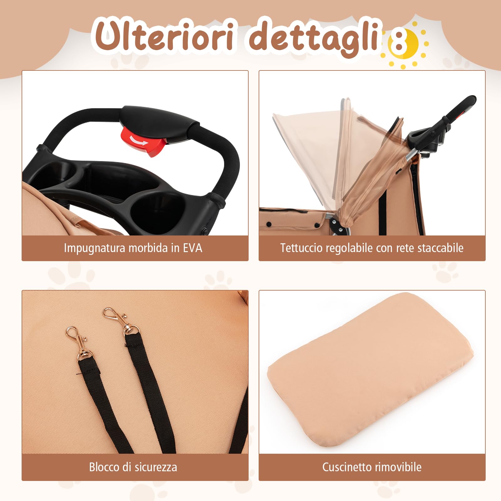 GYMAX Passeggino per Cani Piccoli Pieghevole, Fino a 15 kg, Ruote 360° con Freni, Cuscino, Porta Doppio, Finestre, Cestino, Portabicchieri, Carrozzina Portatile (Beige)