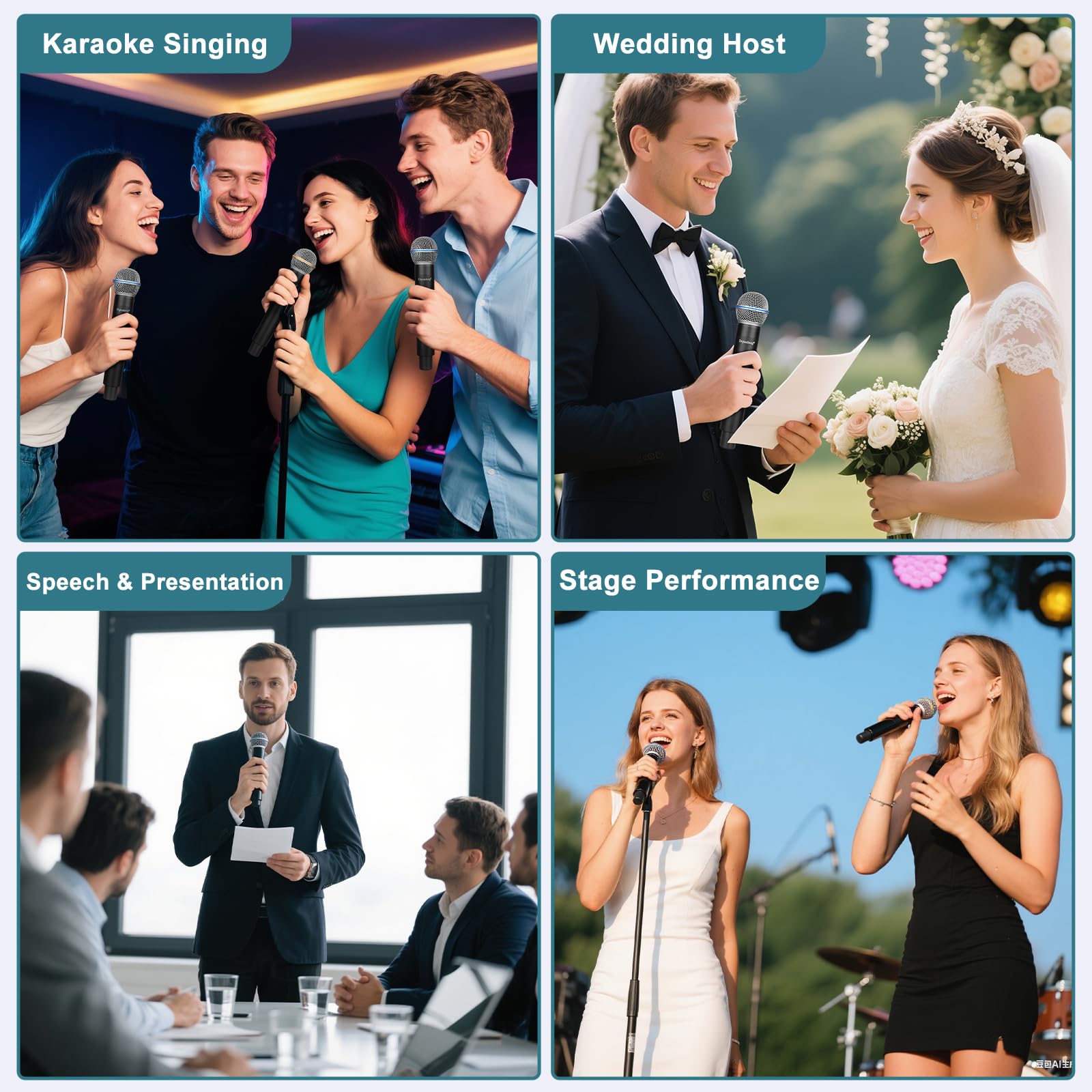 Depusheng Sistema di microfono karaoke wireless duale, set di microfono dinamico con ricevitore ricaricabile per canto, festa, DJ, matrimonio
