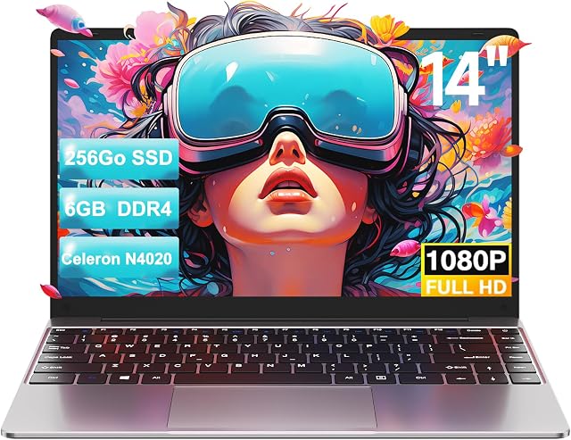 Laptop 14" Win 11 Laptop for Home Office, 6GB RAM 256GB SSD, Celeron N4020 Up to 2.8GHz, 1920×1080 FHD Notebook Computer, Portable Laptops with 5G WiFi laptops Cooling Fan, Gray, Ordinateur Portable
