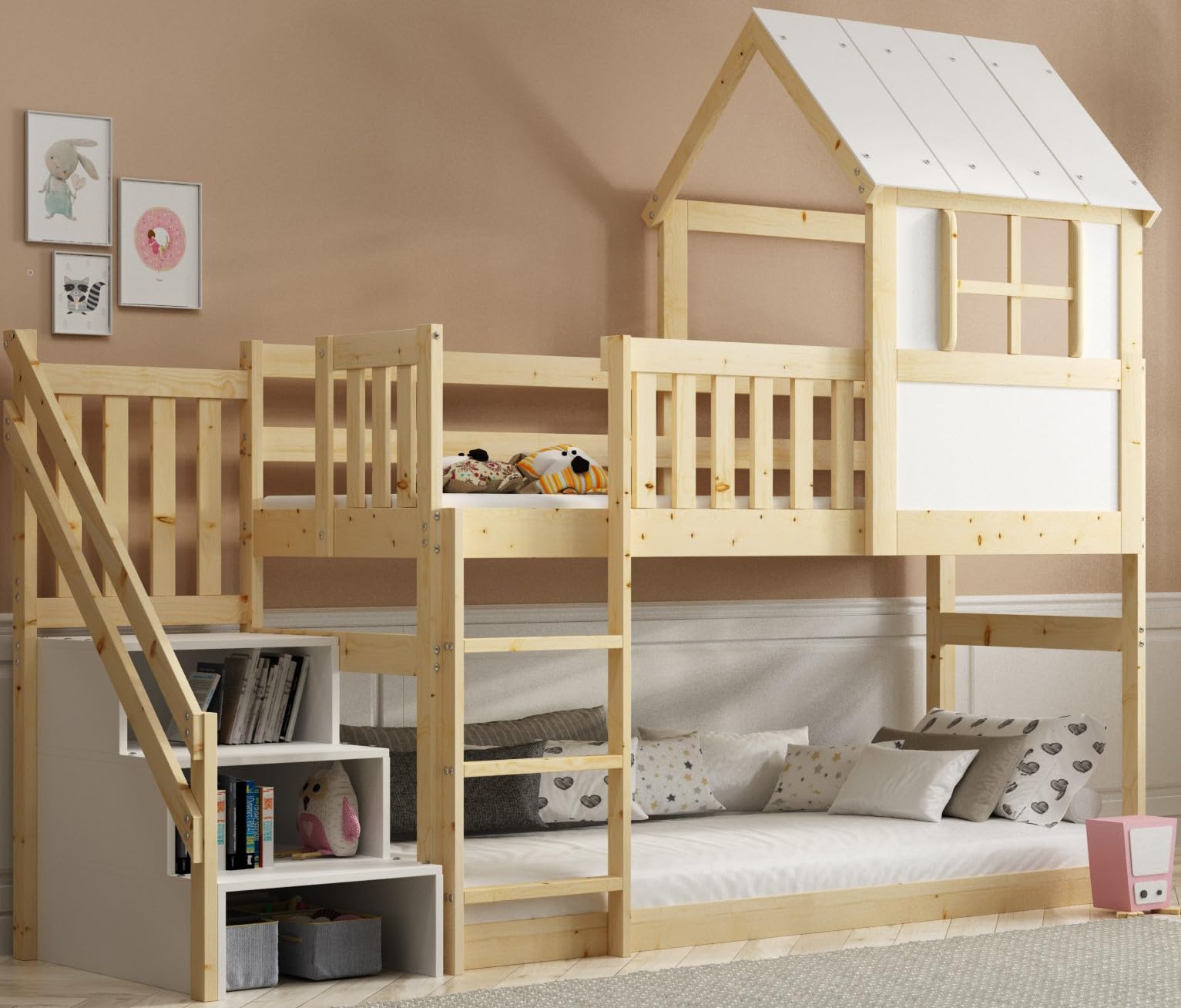 Interbeds Letto a soppalco con scivolo e scaletta, letto a castello, letto in legno, letto per bambini con rete a doghe, letto gioco (con scaletta) (Soppalco con scale)