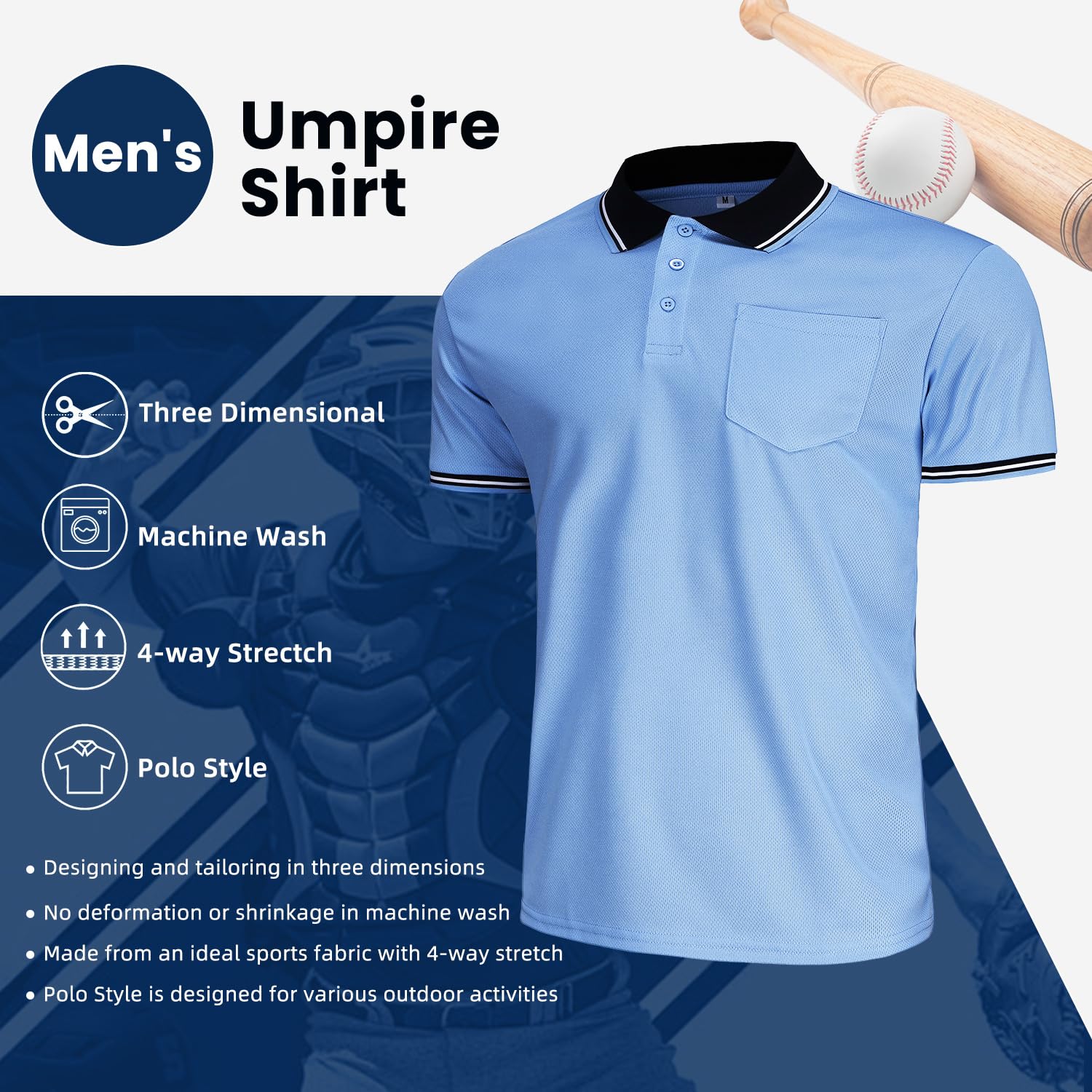 CUTIEHON Camisa de árbitro de béisbol y sóftbol para hombre, manga corta, talla para protector de pecho